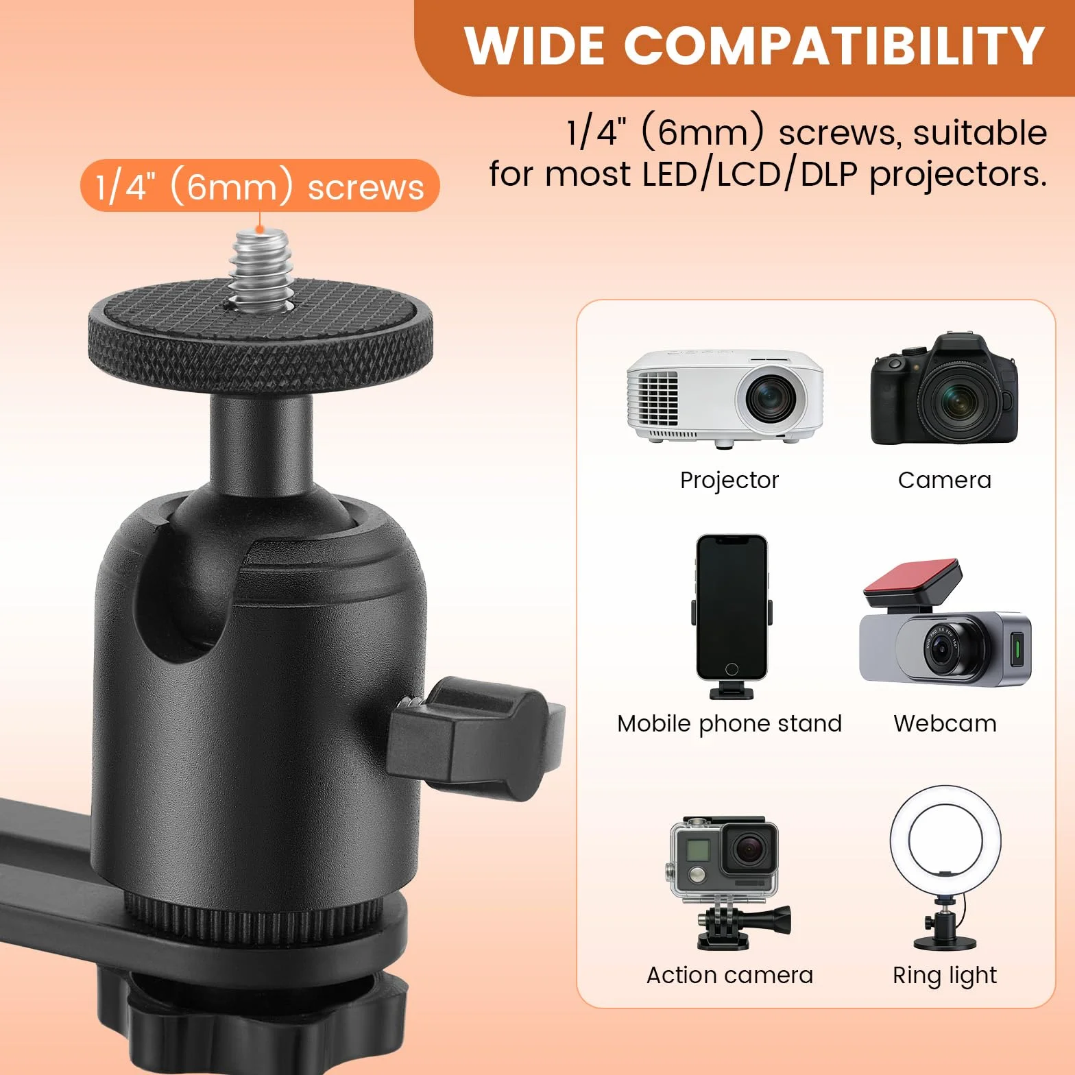 Supporto per proiettore, girevole a 360°, altezza regolabile 40-160 cm, attacco filettato 1/4", supporto per proiettore in acciaio al carbonio di alta qualità, per presentazioni, home theater, ufficio