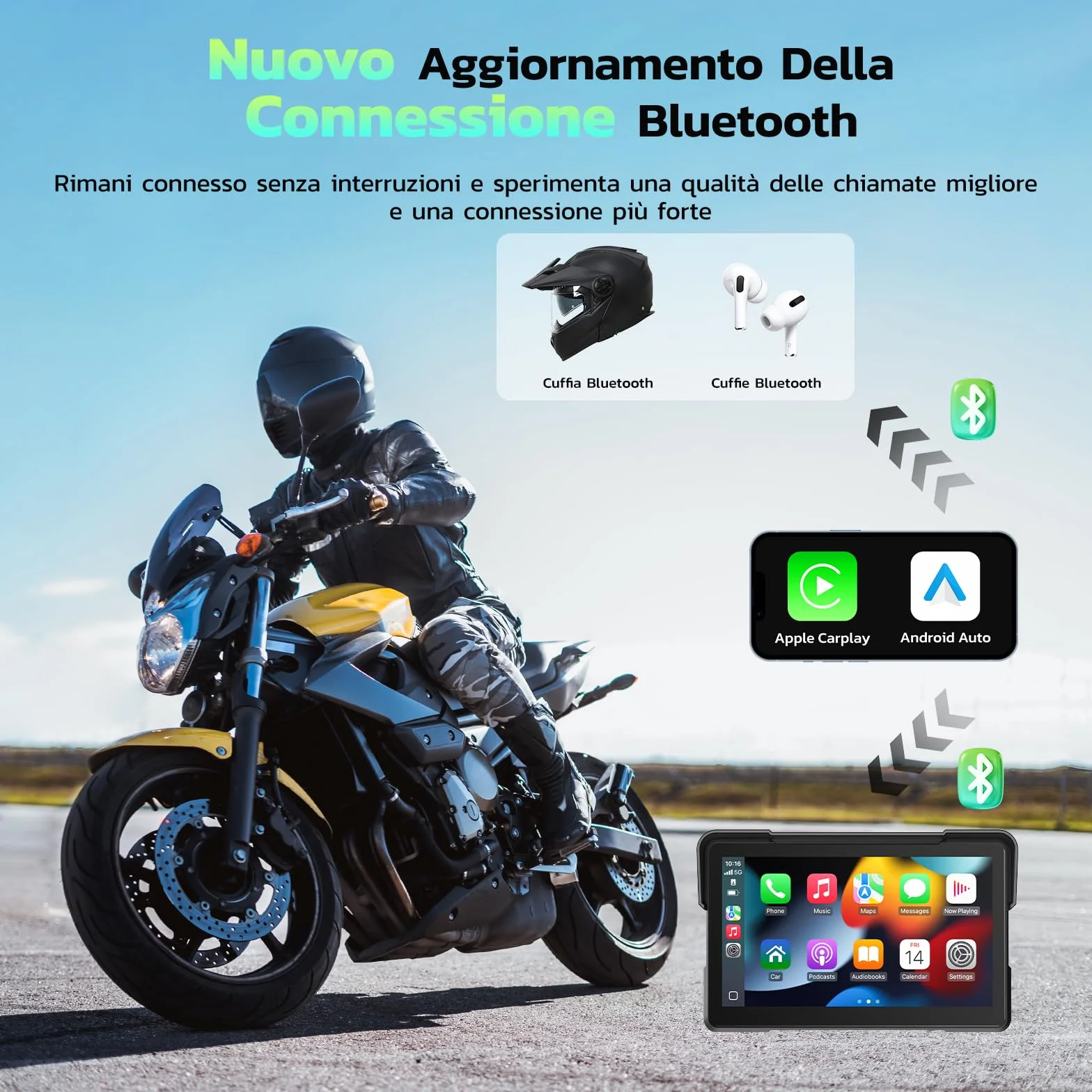 LAMTTO Schermo Wireless CarPlay e Android Auto per Moto, Aggiornamento Portatile da 7 Pollici con Touch Screen Impermeabile IP67 con Navigazione, Bluetooth Siri/G00gle Assistente