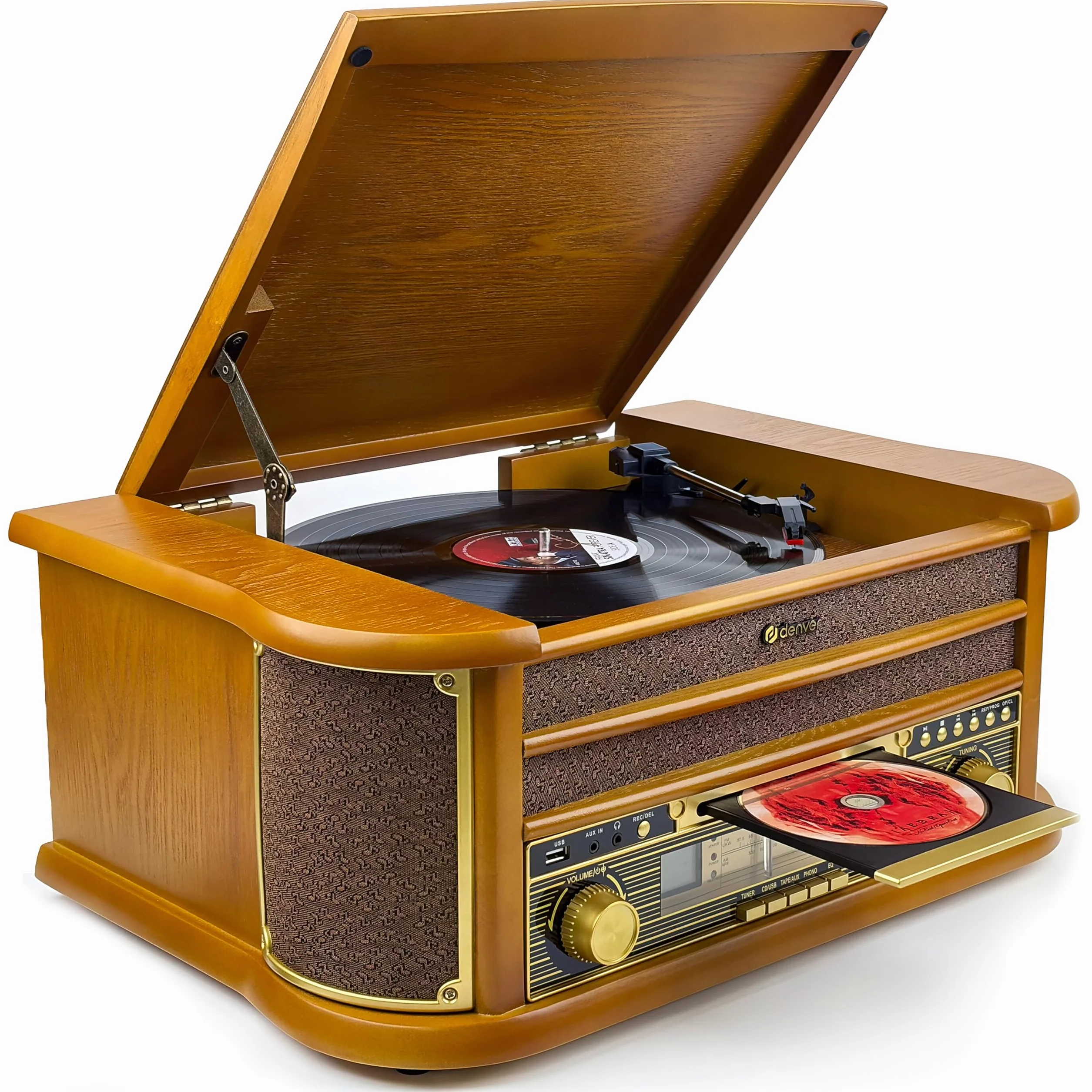 Denver MCR-50 – Giradischi Vintage con Lettore Vinili, Radio AM/FM, CD, Cassetta, USB MP3 – Giradischi Vinile con Casse Integrate – Gira Dischi per Vinili Retrò