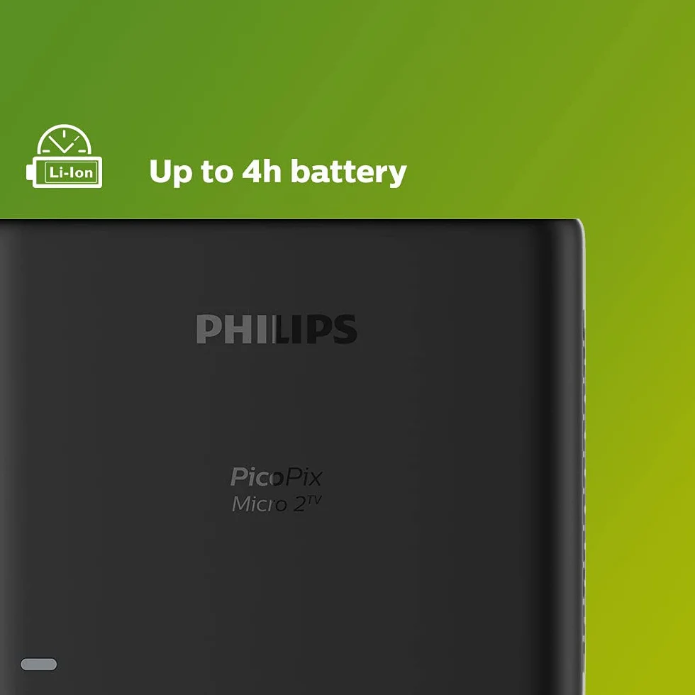 Philips PicoPix Micro 2TV, proiettore portatile, LED DLP, Altoparlanti stereo, batteria da 4 ore, Android TV integrato, HDMI, USB-C, nero