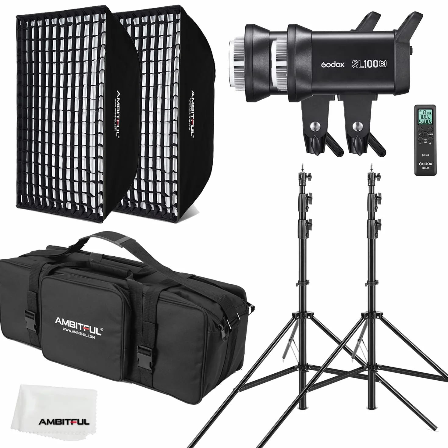 GODOX SL100Bi 2X 100W Dual Color Temperature LED Video Light + 60 x 90 cm Softbox,200 cm Light Stand, Honeycomb Grid, With Remote Control Suitable for Film Studios, Photo Studios