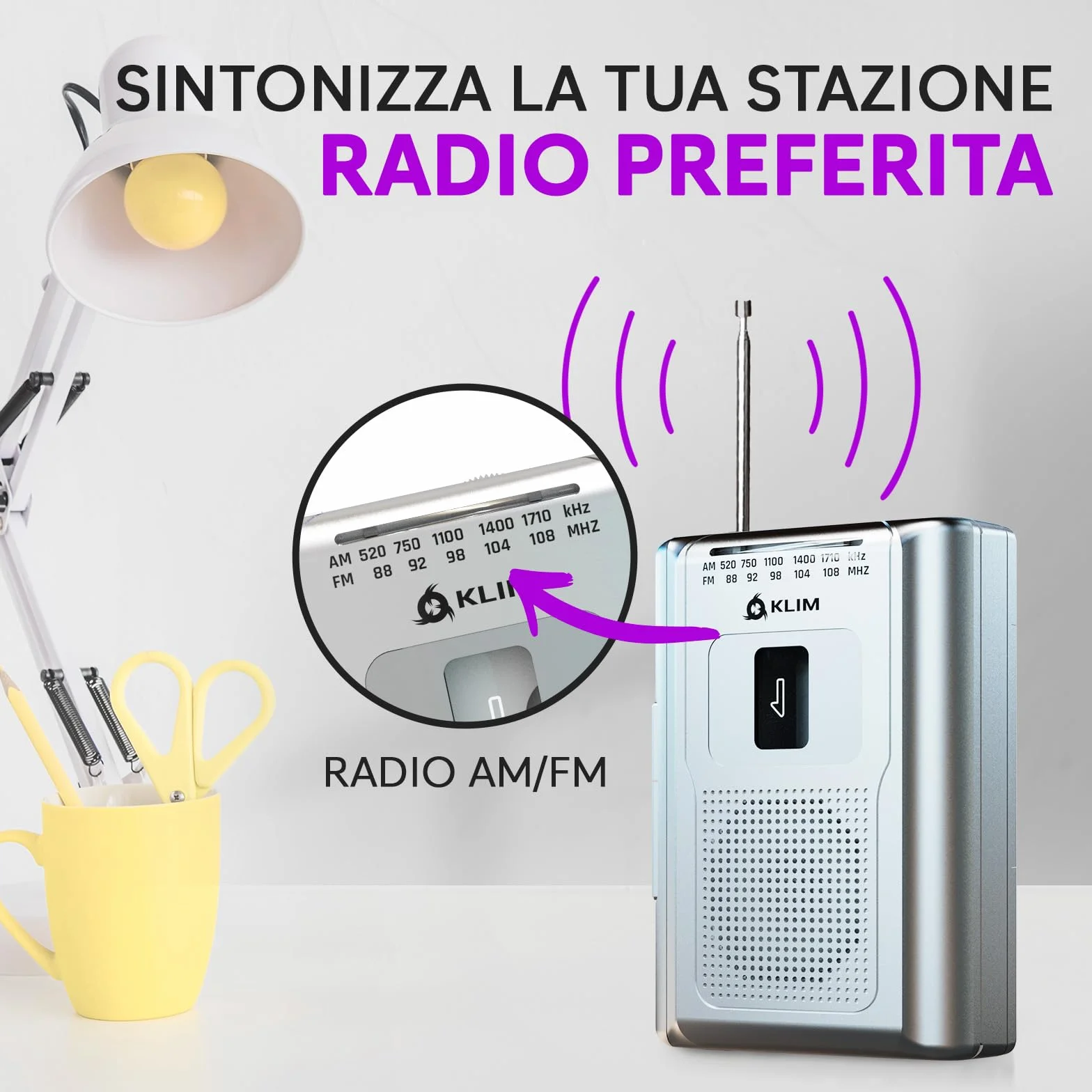 KLIM K8 Lettore Cassette Audio Registratore Radio AM/FM Argento