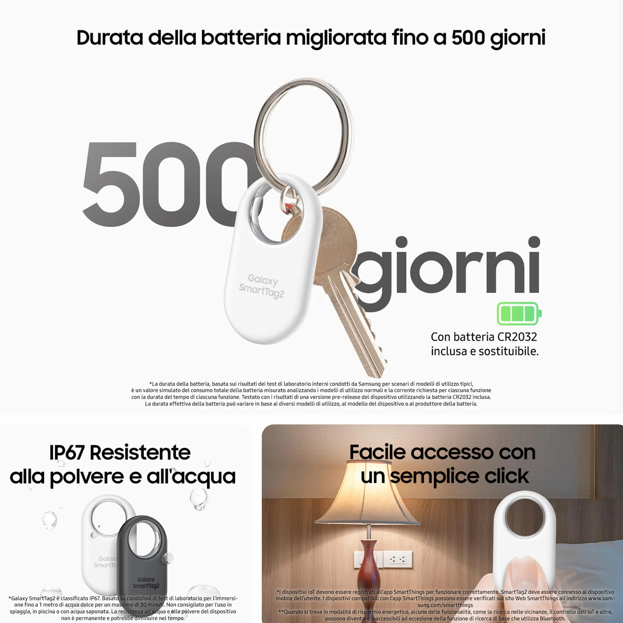 Samsung Galaxy SmartTag2 (4 Pezzi) Localizzatore Bluetooth con Modalità Smarrito, Design compatto, Batteria a lunga durata, Resistenza IP67, Black e White 2023