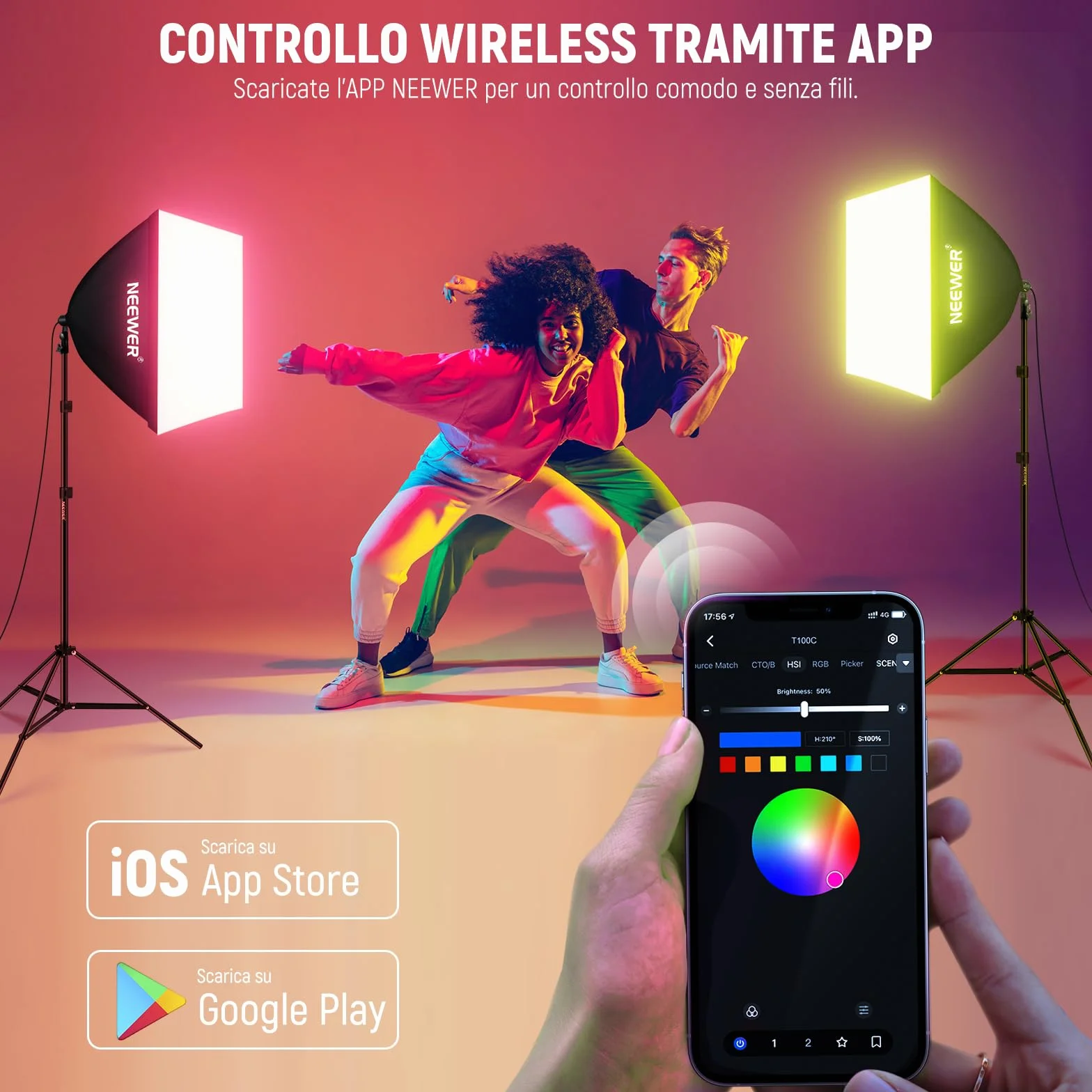 NEEWER Lampadina LED RGB per Fotografia, Confezione da 2, Controllo App, Lampadina LED 26W con 9 Effetti, 400lux/m 2700K-6500K CRI93+ TLCI98+, Base E26 per Kit di Illuminazione Softbox Studio, T100C