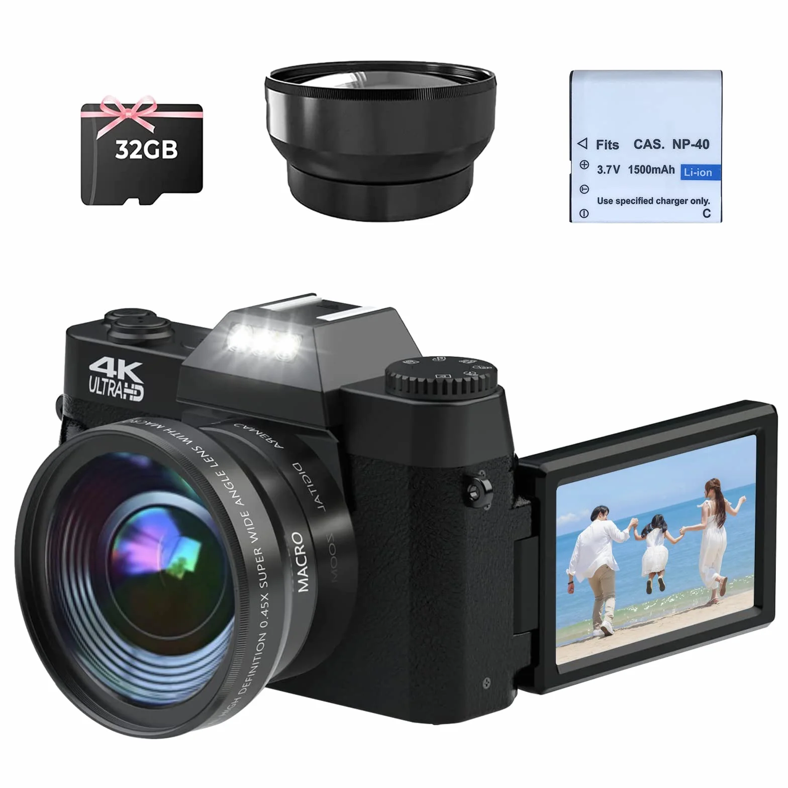 CCN Fotocamera Digitale 4K 48MP, Fotocamera con schermo 3.0" ribaltabile a 180°, fotocamera compatta con zoom digitale 16X, obiettivo grandangolare e obiettivo macro, scheda TF da 64GB, WiFi, nero