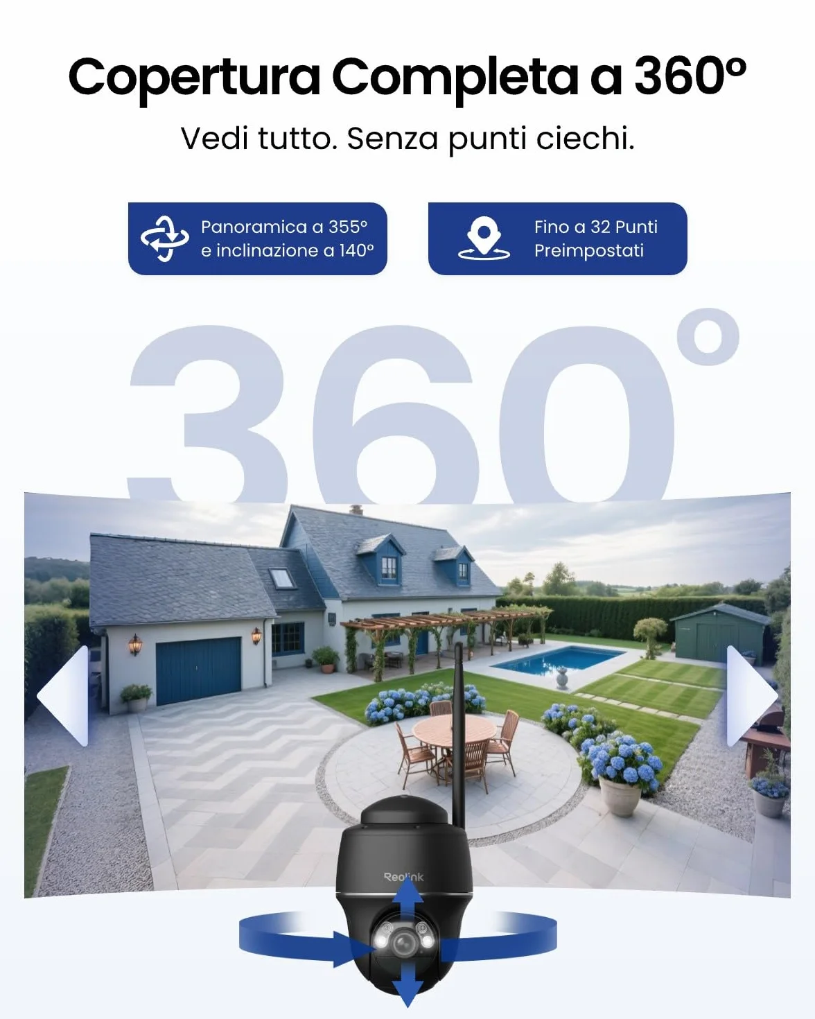 Reolink 5MP Telecamera WiFi Esterno Senza Fili a Batteria, 360° PTZ Videosorveglianza WiFi 2,4/5 GHz, Rilevamento Smart, Audio a 2 Vie, Compatibile con Alexa/Cloud, Argus PT(Nero) con Pannello Solare