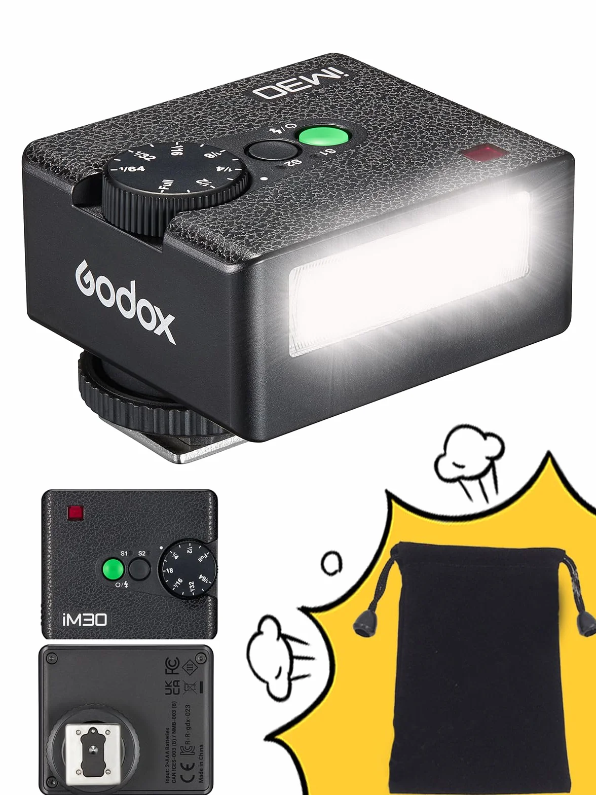 Godox iM30 Mini Flash Speedlite Manuale Controllo Ottico S1/S2 CCT 6500K 7 Livelli di Potenza Compatibile Canon Sony Nikon