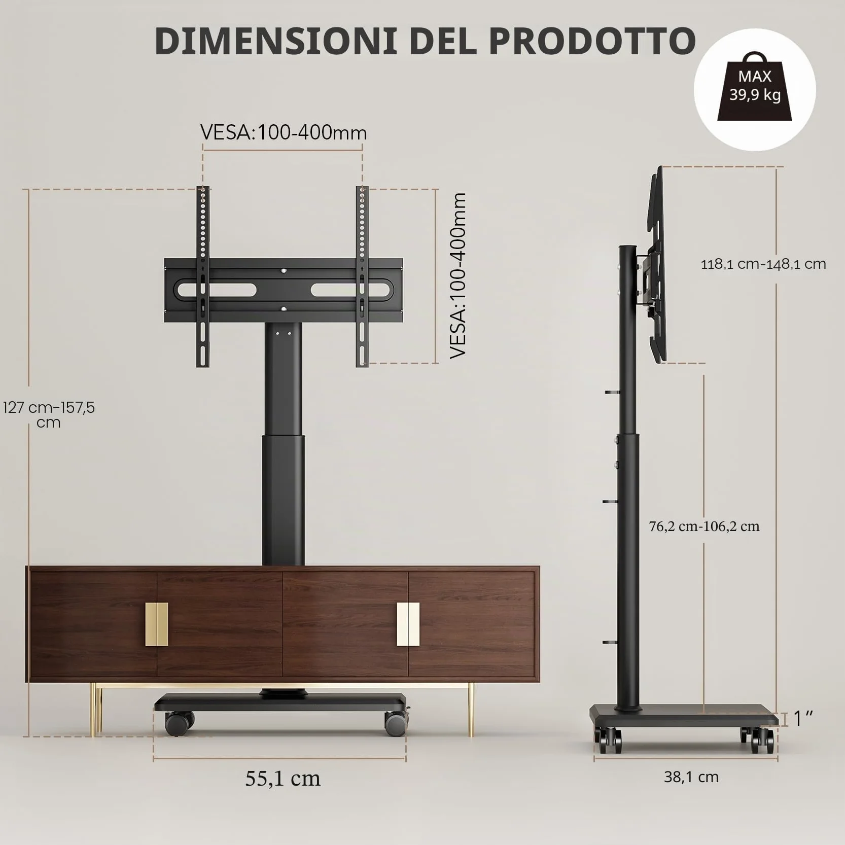 AX WABER Supporto TV Mobile con Ruote Bloccabili, Carrello Portatile per TV 27-65", Regolabile 9 Posizioni, VESA MAX 400x400, 40kg, per Casa/Ufficio
