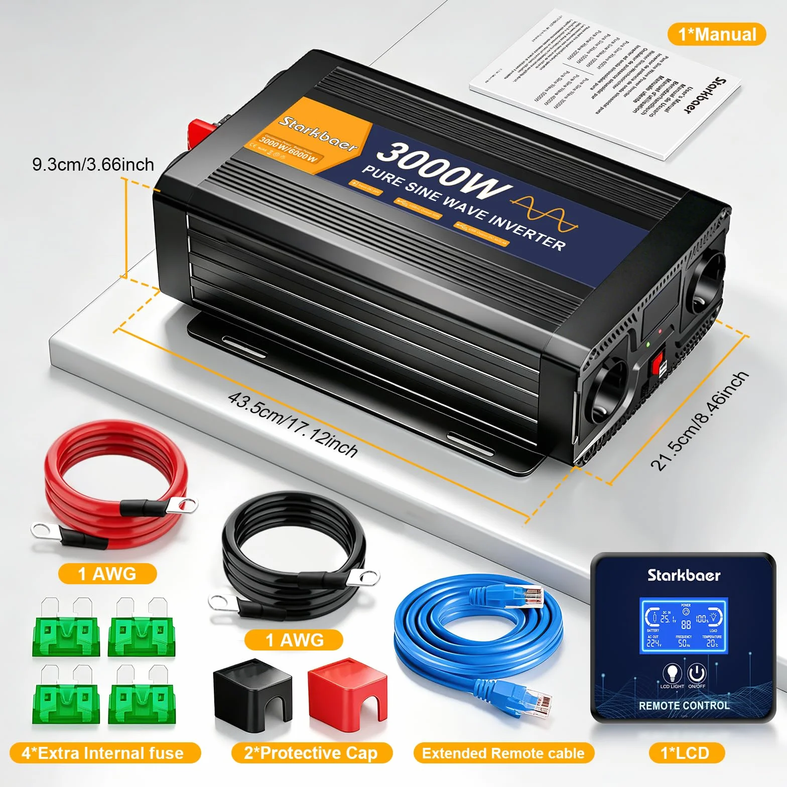 3000W/6000W Inverter 24V 220V Onda Pura, Trasformatore 220V 24V, Convertitore per Auto, Con schermo LCD, telecomando, presa CA e USB-C. Per camper, auto, solare, campeggio e blackout [Classe A+]