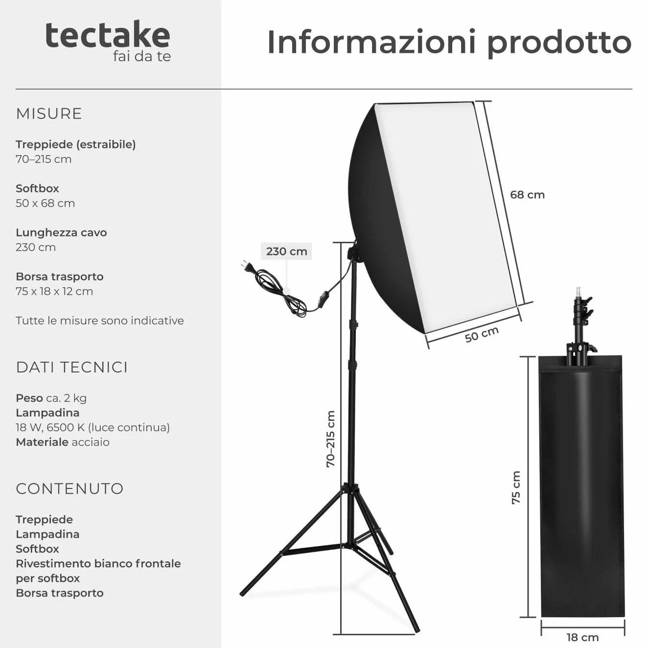 tectake® Luci da Studio Fotografico, Set Fotografico Portatile, Luce per Foto, 1 Stativo per Luci, 1 Lampada, 1 Softbox, Supporto in Alluminio, 1 Borsa per Trasporto – Nero
