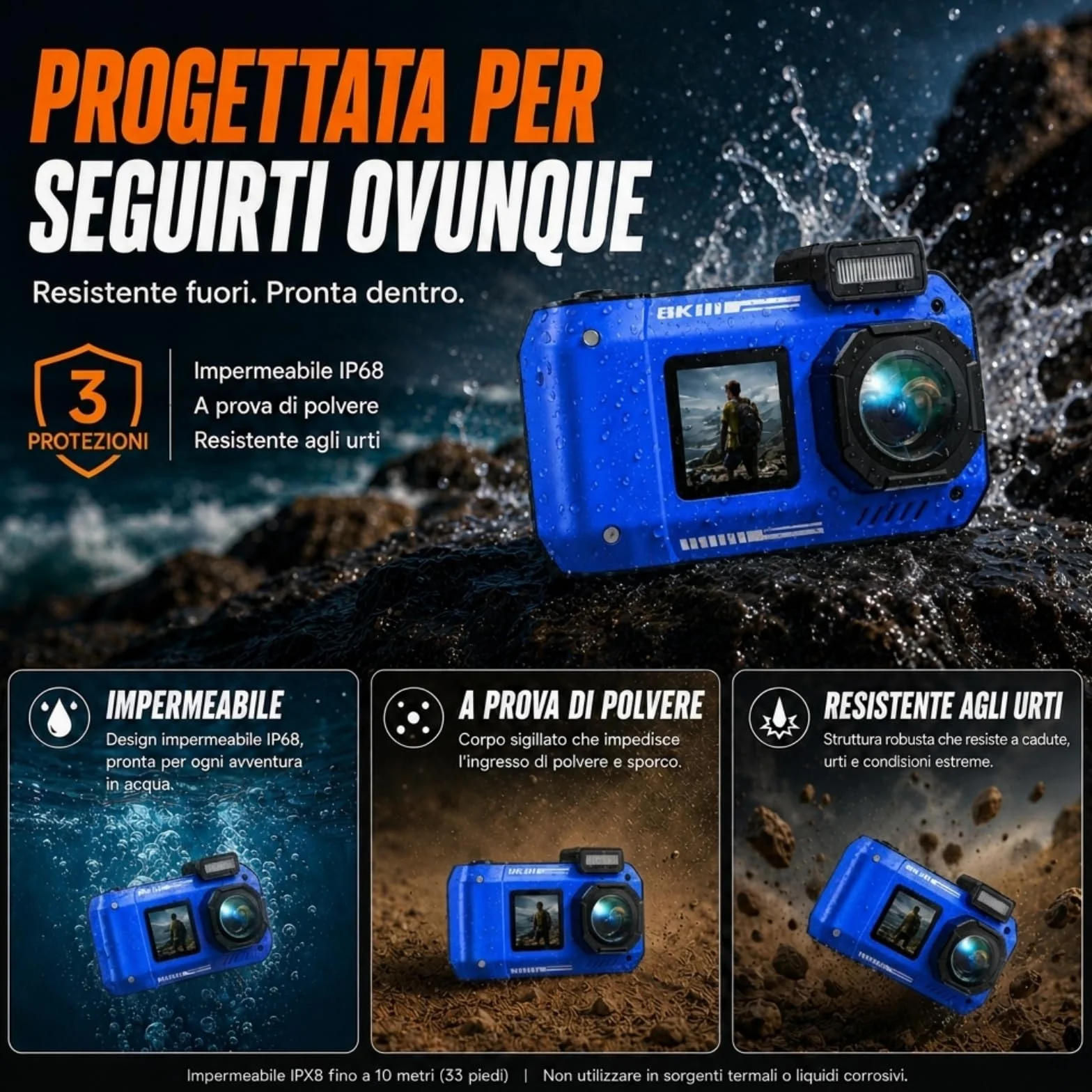 MaxMango D50 33FT Macchina Fotografica Subacquea Impermeabile, 8K 70MP Fotocamera Digitale con 16 GB di Scheda, Doppio Schermo 2.8'' per Selfie, 18x Zoom, Resistente a Polvere e Urti per Snorkeling
