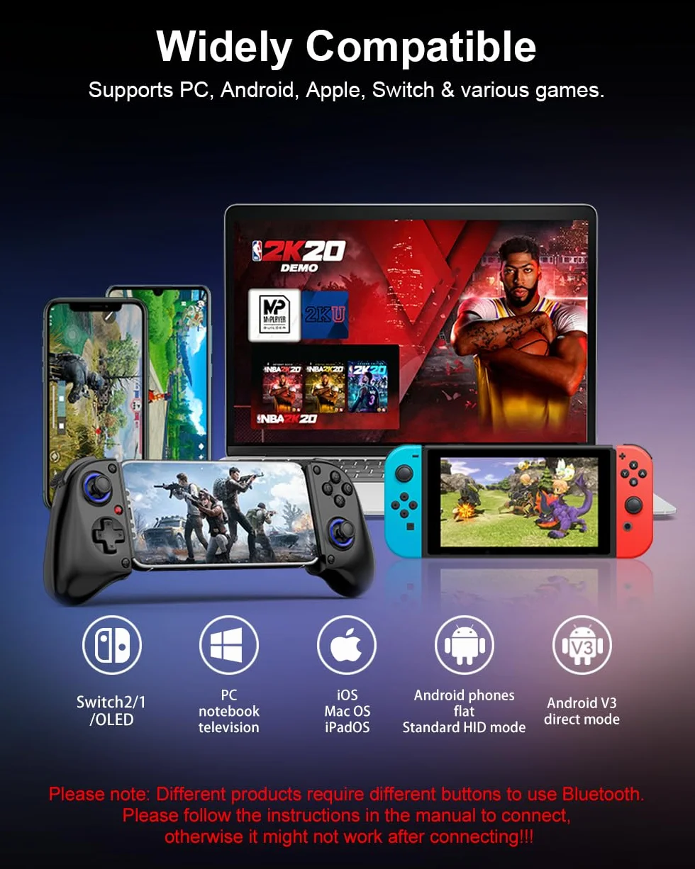 Bluetooth Mobile Game Controller for Nintendo Switch 2 & iOS & Android & Tablets, Wireless Gamepad Grip with Hall Effect Trigger Joystick, Ergonomic Phone Controller for iPhone, iPad Pro, Samsung