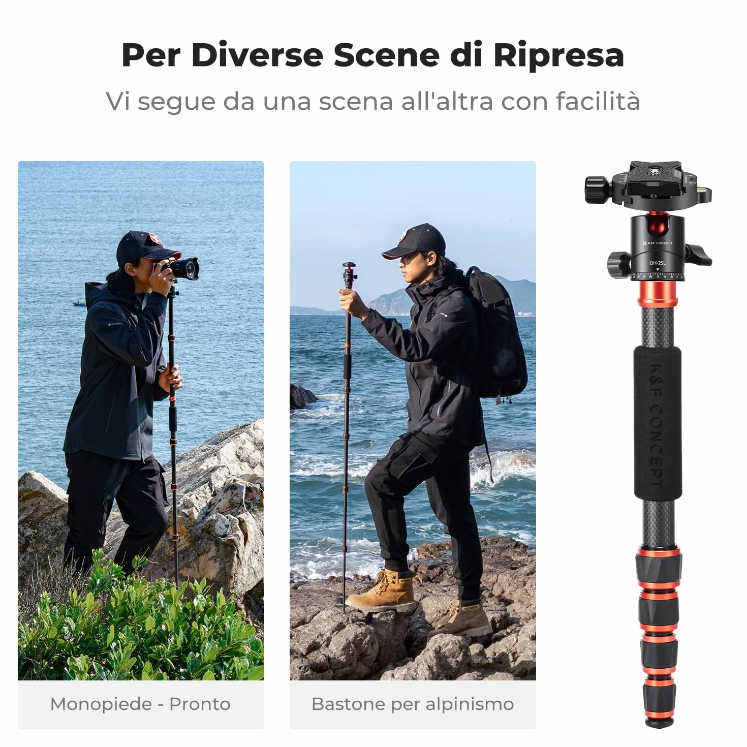 K&F CONCEPT Treppiede Fotocamera 154cm, Treppiede in Carbonio C225C0+BH-25, Tripod Camera Compatto con Monopiede e Testa a Sfera a 360°, Carico Max 8kg, Cavalletto Fotografico per DSLR/Sony/Canon,ecc.