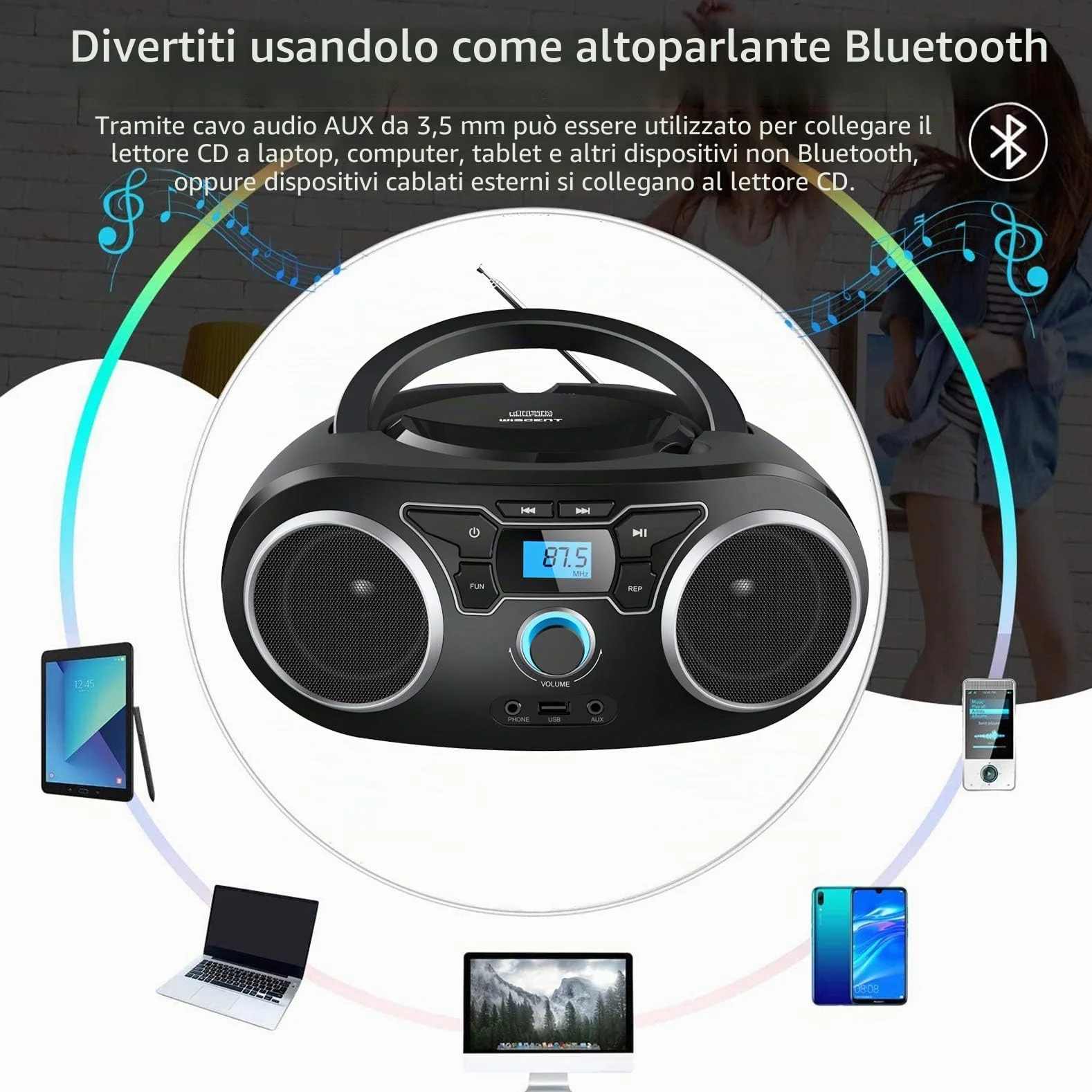 WISCENT Lettore CD Boombox Portatile - Stereo con Radio FM, Ingresso Bluetooth, USB, AUX, Uscita Auricolari, Audio Domestico Compatto, AC o Alimentato a Batteria