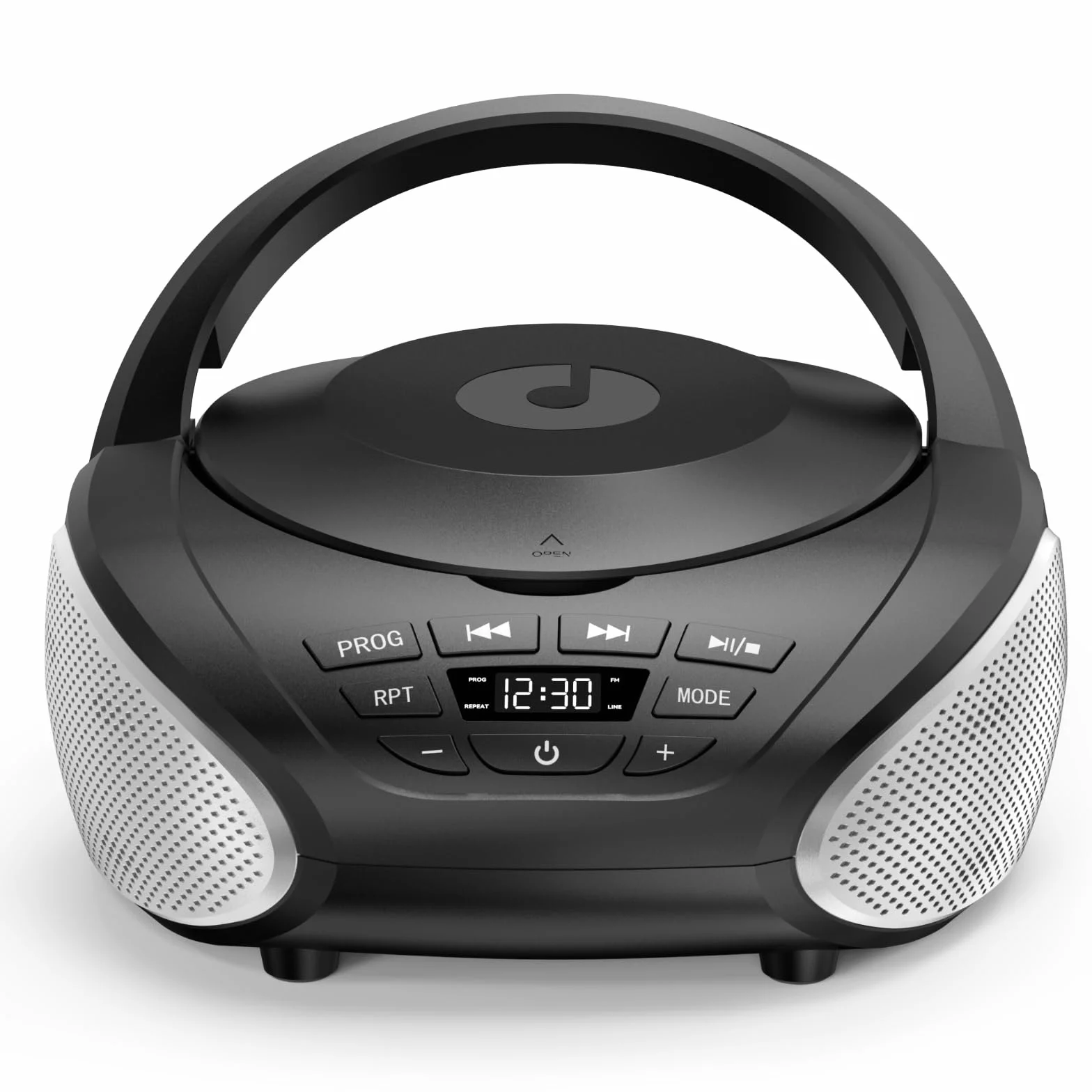 Gueray Lettore CD Portatile Boombox - Radio CD Compatto con Altoparlanti Stereo, Radio FM, Ingresso AUX 3.5 mm, Jack per Cuffie e Display LCD per Interni, Esterni, Viaggi & Audiolibri (Nero + Argento)