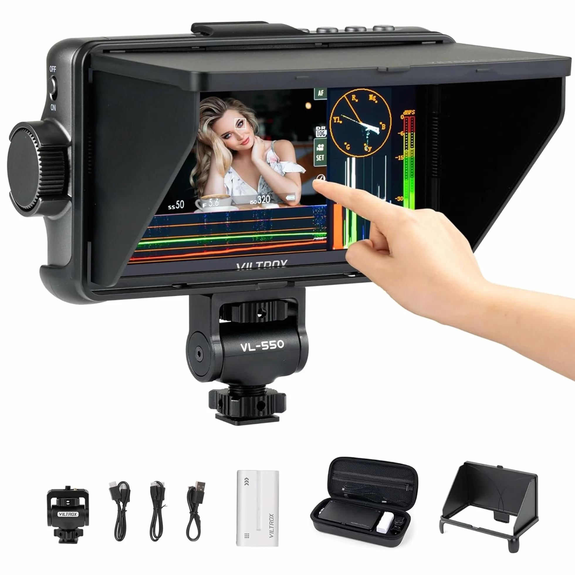 VILTROX Monitor da campo HDMI da 5,5 pollici 1200 nits 4K 10 bit, Touchscreen 3D LUT Kit video portatile con batteria, On-Camera RGB Parade Istogramma Forma d'onda Focus Assist (DC-550 Pro)
