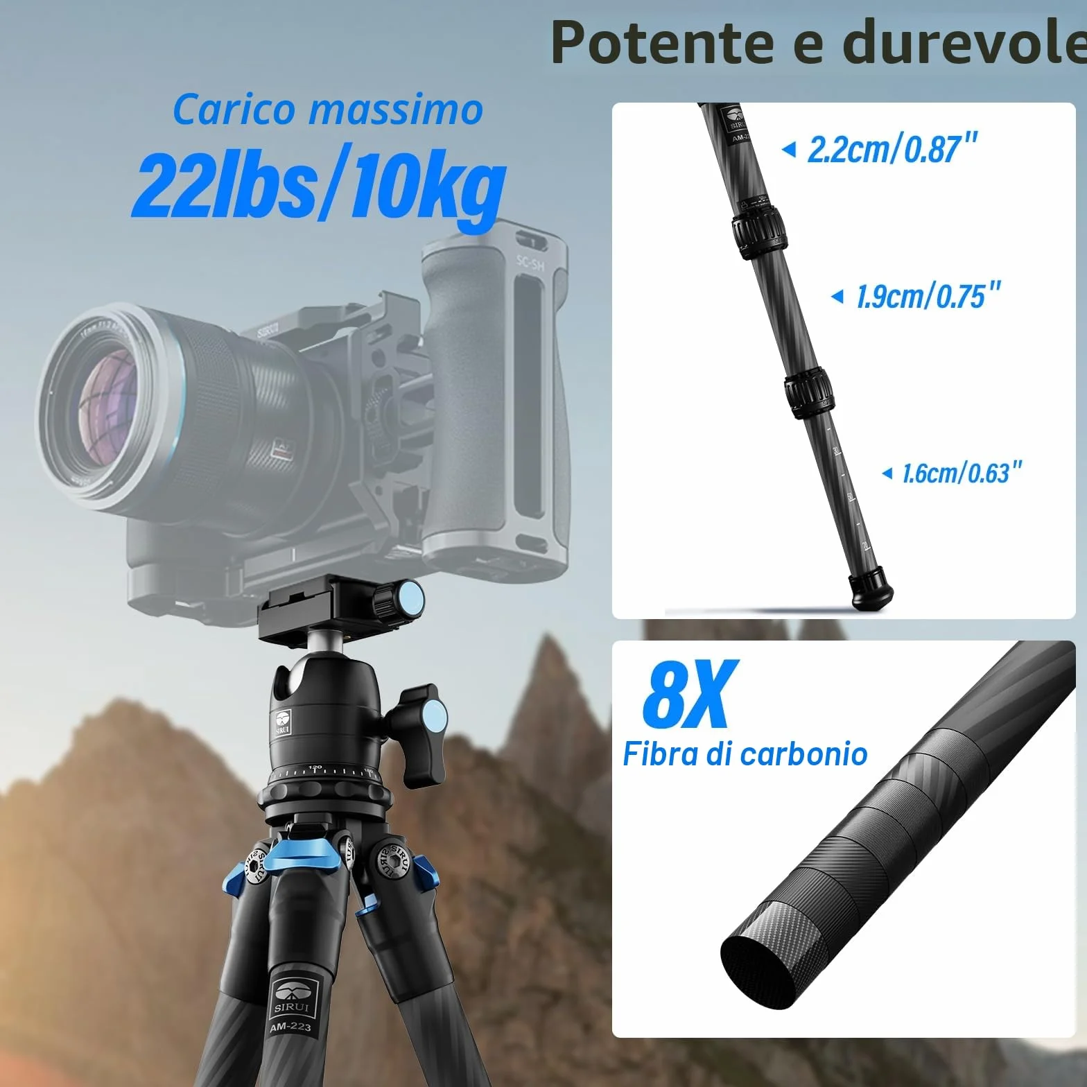 SIRUI Mini Treppiede Fotocamera AM-223, Portatile Compatto Treppiede Carbonio con Testa a Sfera B-00K a 360 Gradi, 13-43CM Treppiede da Viaggio con Piastra a Sgancio Rapido, Carico Massimo 15kg