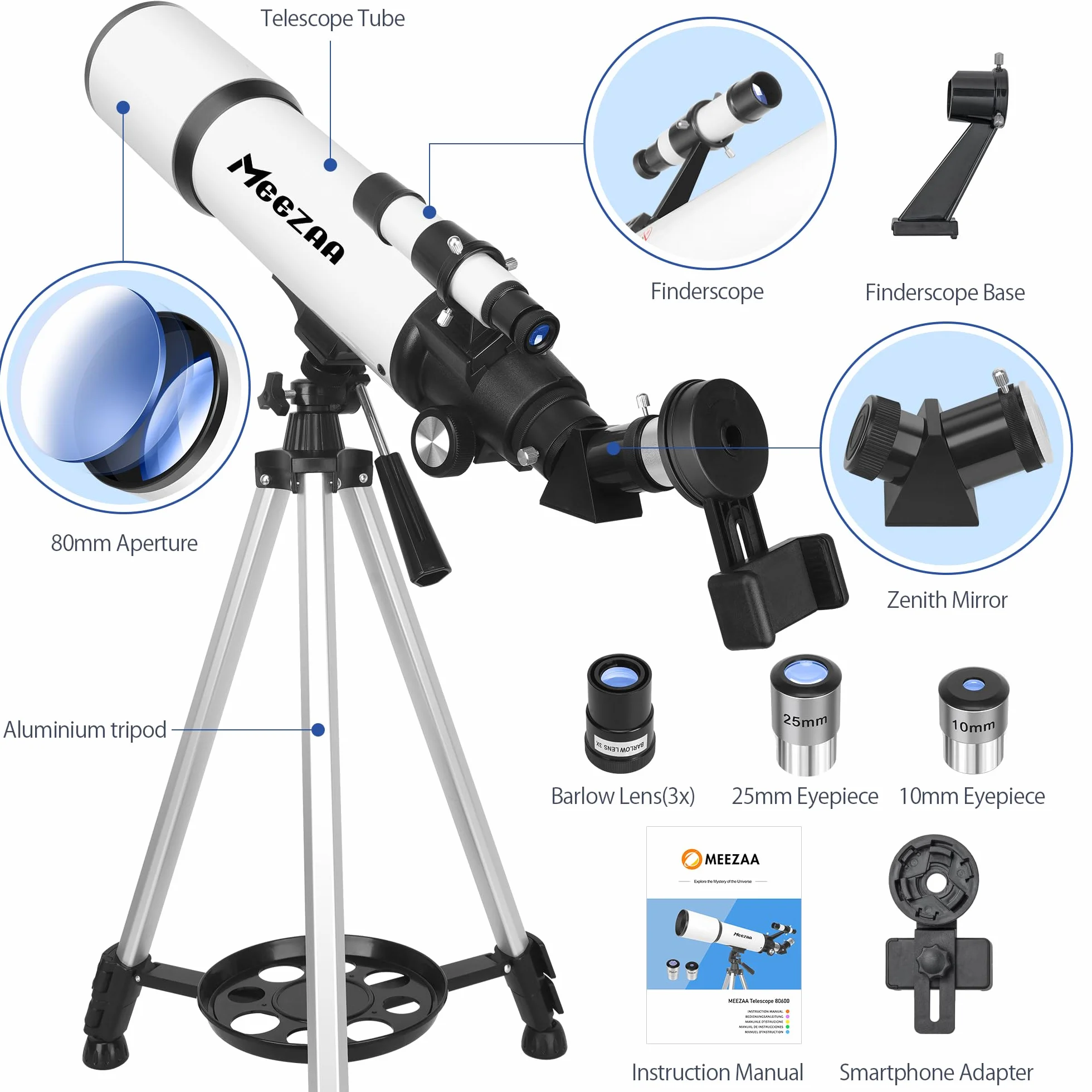 MEEZAA Telescopio, Telescopio Astronomico Professionale Adulti, 80/600mm (24X-180X) Telescopi Rifrattori per Bambini e Principianti, Portatile da Viaggio con Treppiede, Adattatore Telefonico e Borsa