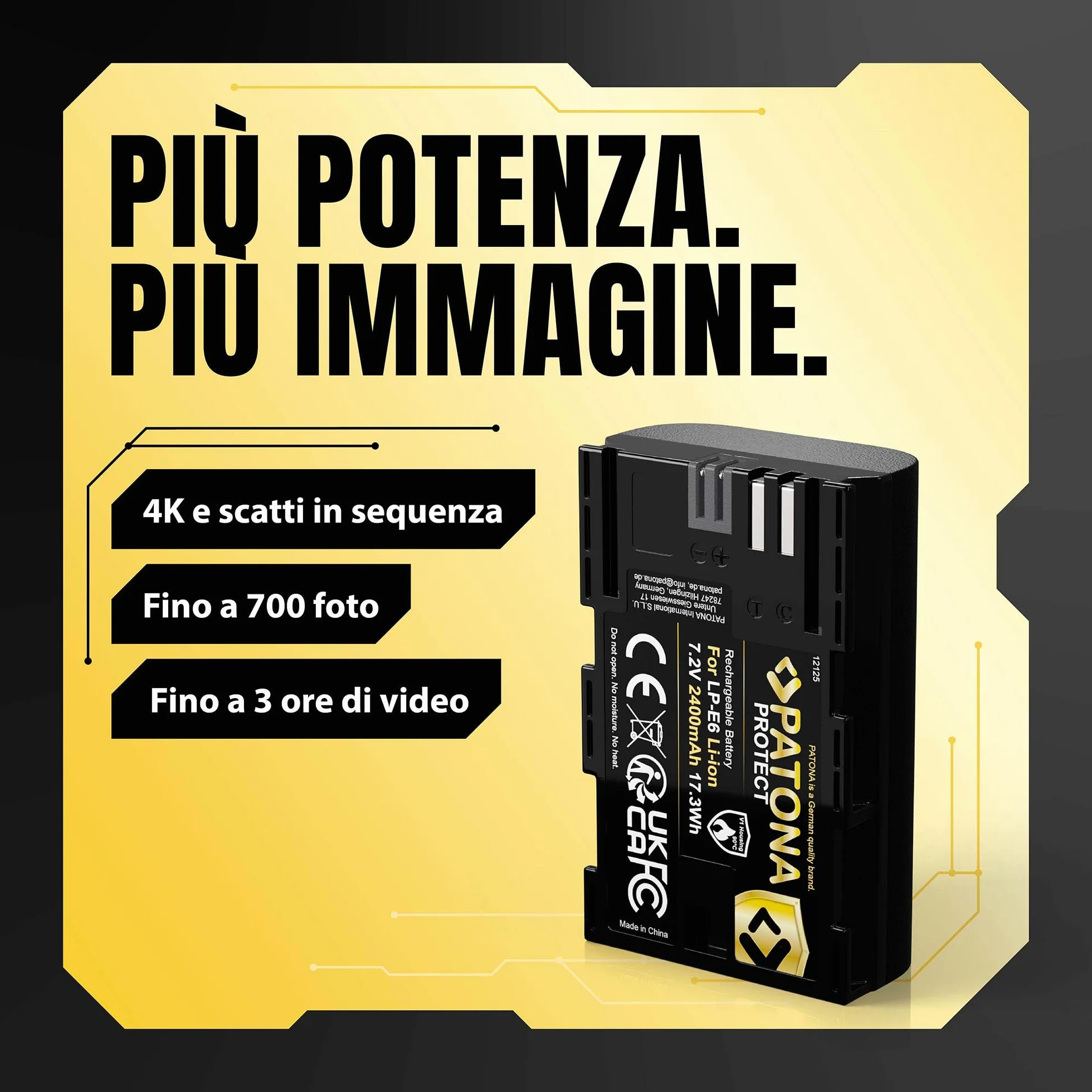 PATONA Protect LP-E6 Batteria 2400mAh – Ricambio per Canon LP-E6 – per EOS 5D Mark II III, 5DS, 6D 7D, 60D 60Da 70D 80D 90D, R R5, XC10 XC15 – con protezione NTC e involucro V1 per uso intensivo