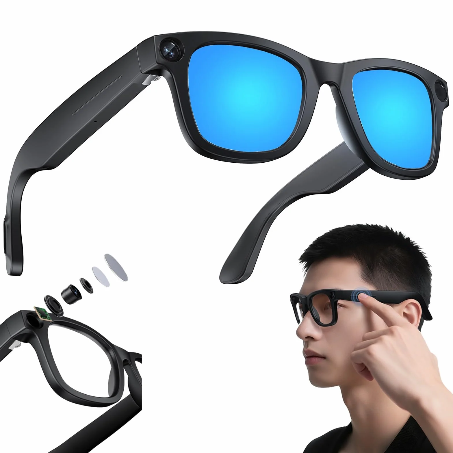 AI Occhiali Intelligenti Con Fotocamera Da 8MP - Include 32GB Di Spazio Di Archiviazione, Occhiali Con Registrazione Video 1080P E Audio, Traduzione In Tempo Reale, Per Esterni(Blue)