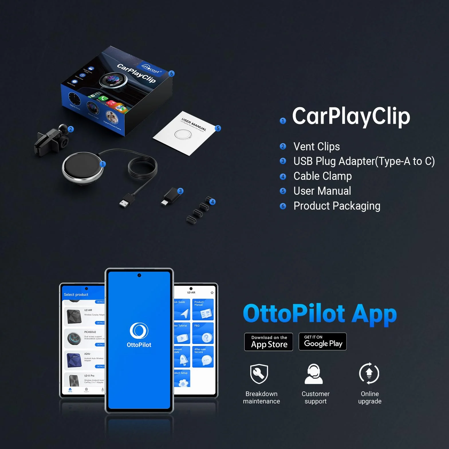 OTTOCAST Adattatore Carplay Wireless Clip, Plug & Play Dongle Wireless CarPlay con Display Elettronico può Mostrare Orologio Immagini Copertina di Album Musicali Compatibile con Auto con Wired CarPlay