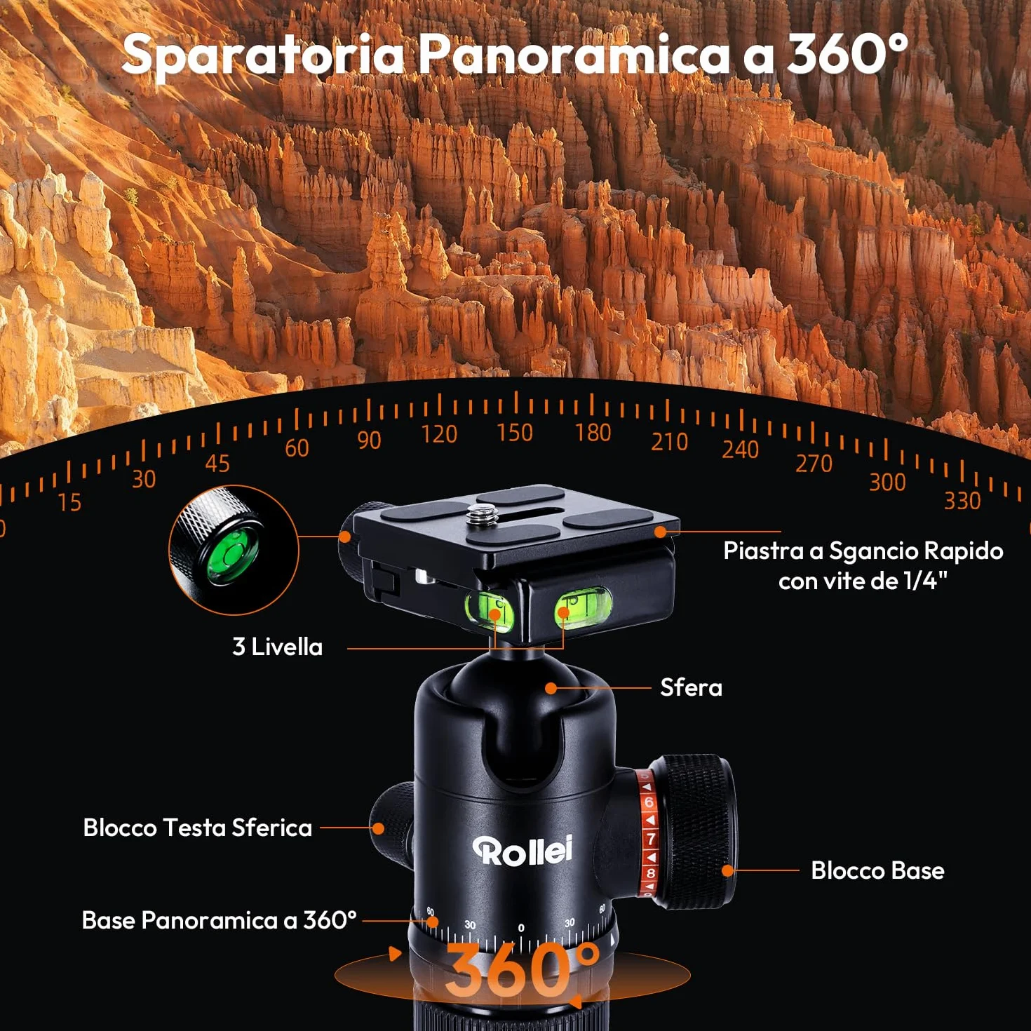 Rollei C6i Treppiede Fotocamera Nero, 171,5cm Cavalletto Fotografico Carbonio Viaggio con Testa Sfera a 360° Tripod Camera per Sony Canon Nikon DSLR Treppiede per Smartphone con Supporto per Telefono