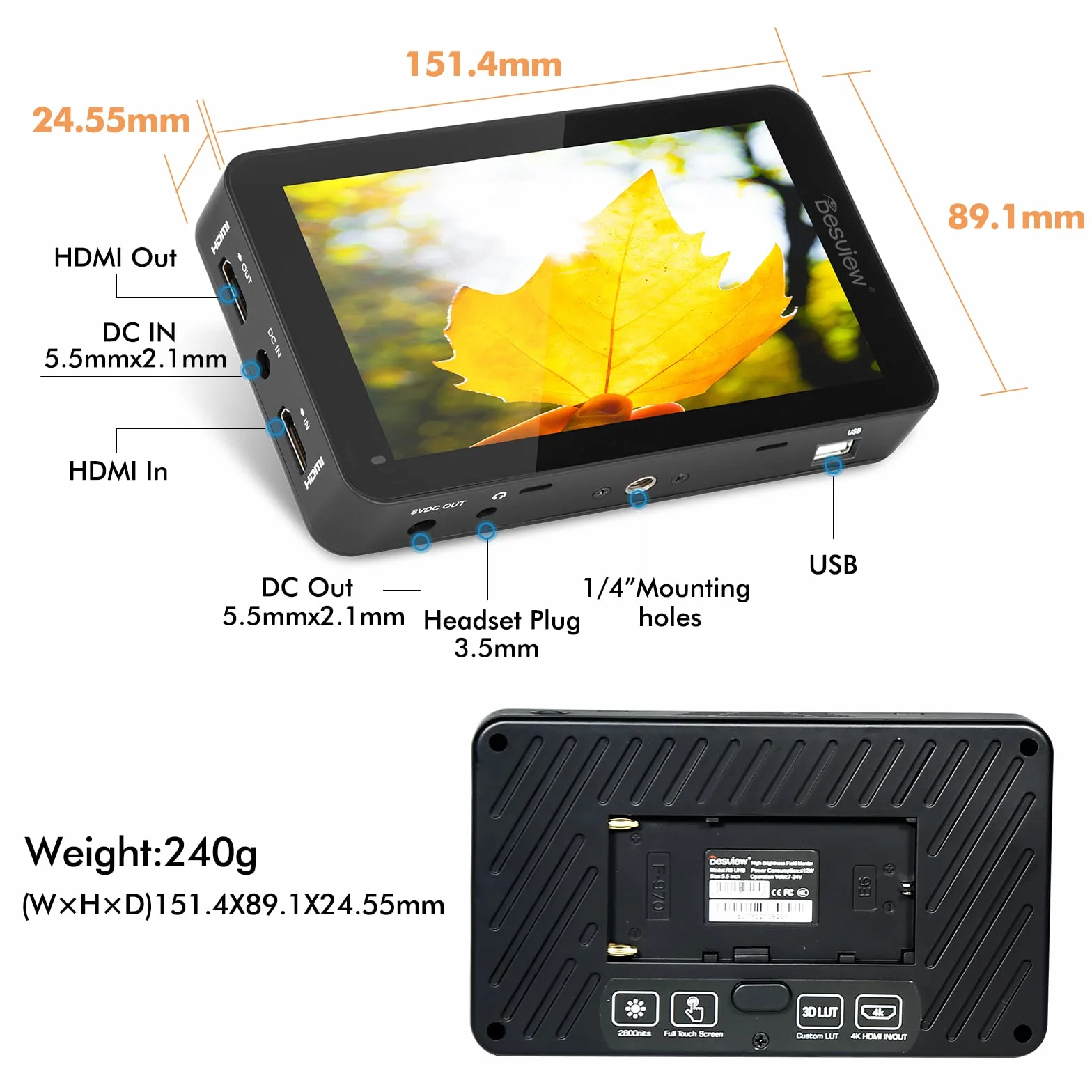 Desview R6 2800nits Monitor da campo della fotocamera, 5,5 pollici Touch Screen Full HD 1920x1080 IPS 4K HDMI con forma d'onda HDR 3D LUT Peaking Focus Monitor video per fotocamera DSLR