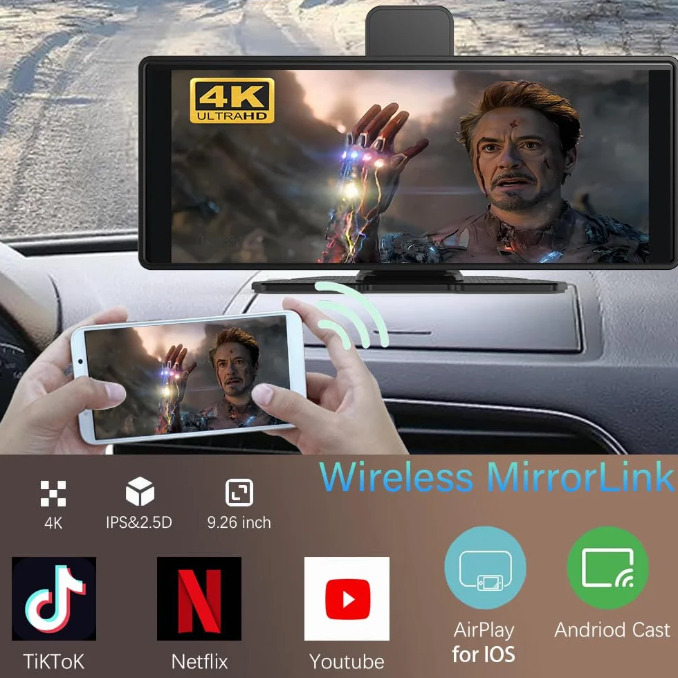 Wireless Carplay Screen 10.26" 360 Rotazione 4K Dash Cam Android Auto Stereo con 1080p Backup Camera GPS Navigation