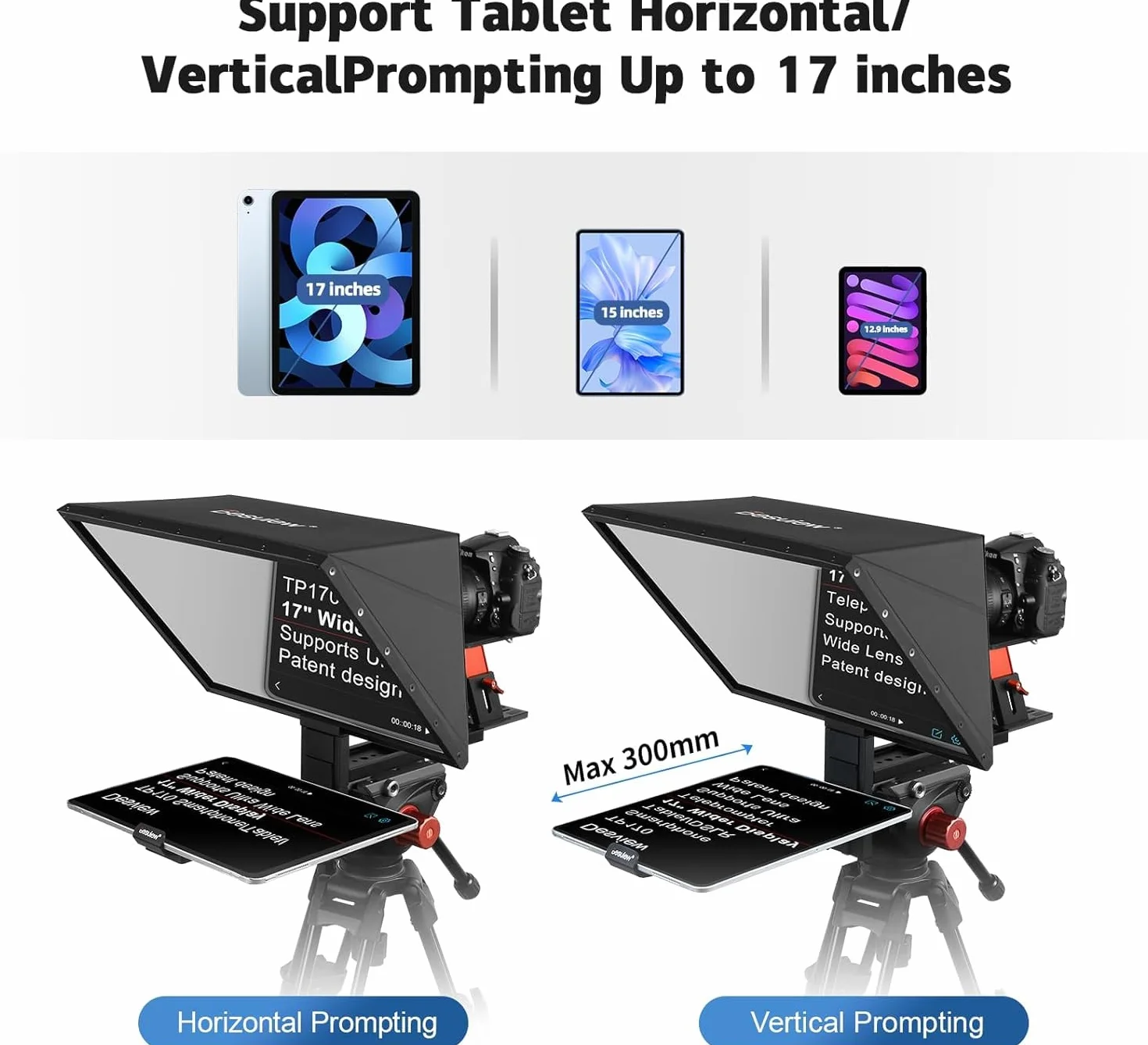 Desview TP170 Teleprompter 17 pollici, lega di alluminio High Display vetro sollevabile con telecomando e app per iPad/DSLR/videocamera, obiettivo grandangolare, registrazione video