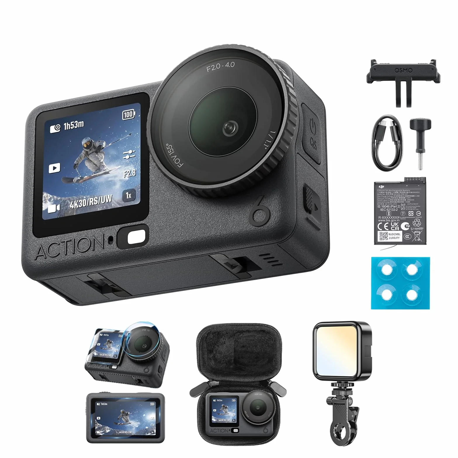 DJI Osmo Action 6 Combo Essenziale Action Cam 4K Sensore 1/1,1″ Apertura f/2.0-f/4.0 Batteria 4 Ore