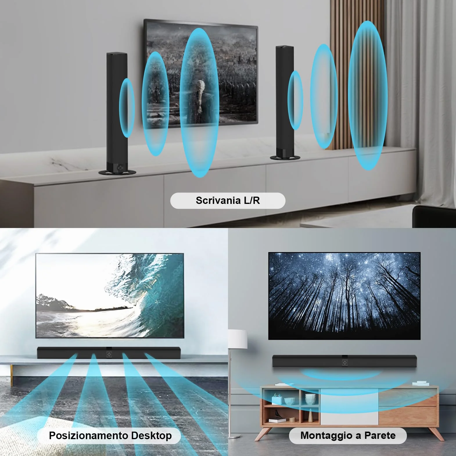 GarageRock Sound Bar per TV, Soundbar TV 2 in 1 divisibile con regolazione automatica del volume, altoparlanti TV stereo con 3 modalità EQ, Bluetooth 5.3, ARC/Opt/AUX, Soundbar per TV/proiettori, 1pcs