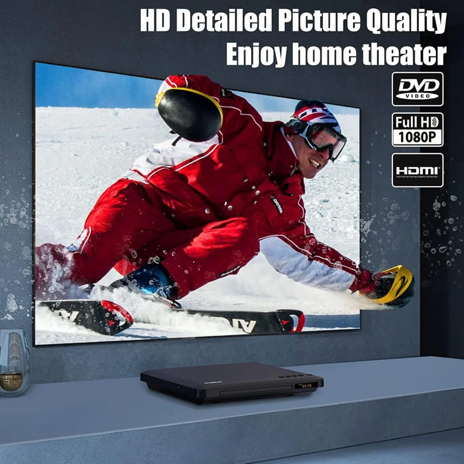 Lettore DVD per TV con uscita HDMI RCA, lettore DVD-CD per tutte le regioni con scalatura, HD 1080P, ingresso USBA, sistema NTSC/PAL integrato. Sistema, cavo HDMI e adattatore in dotazione