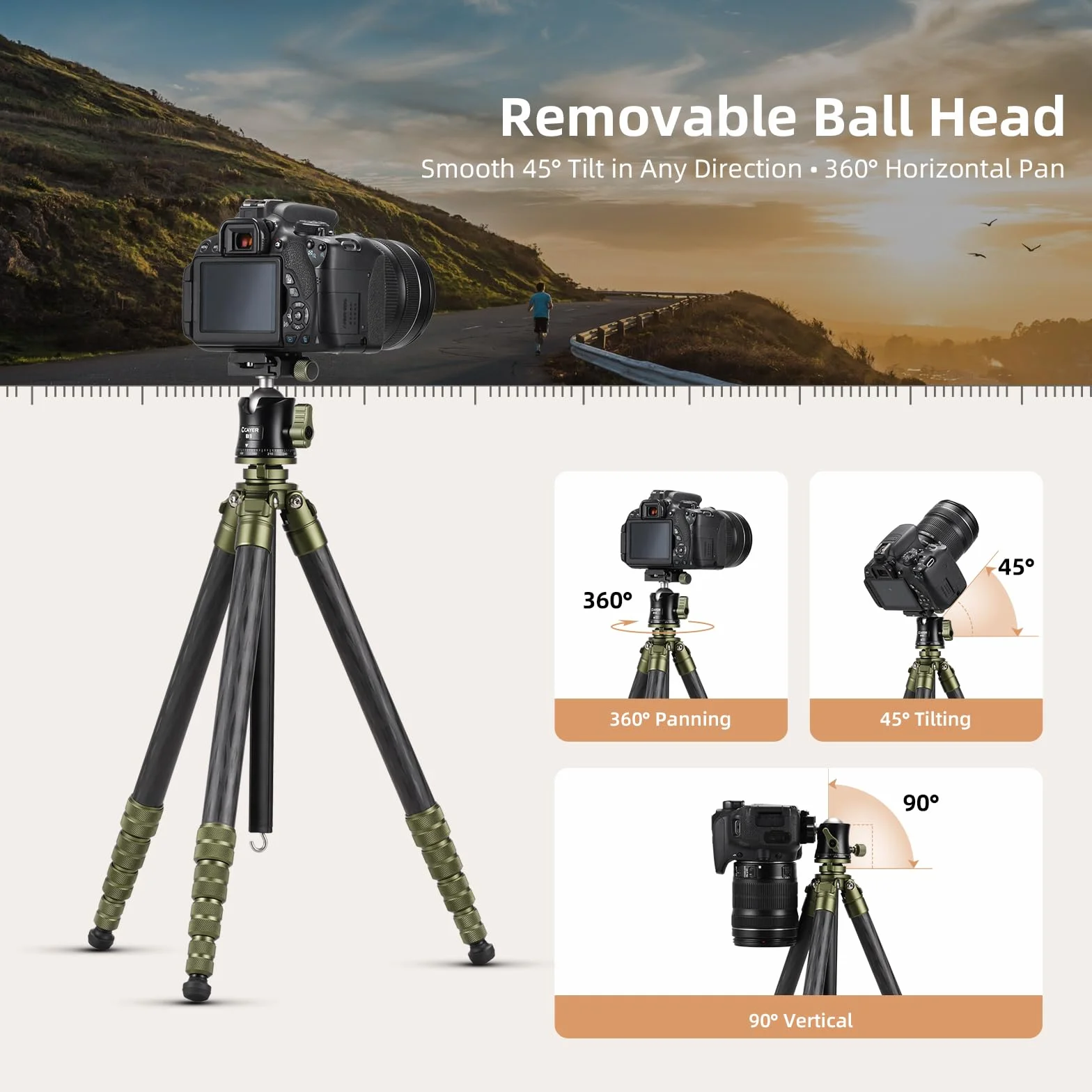 Cayer CH35 Treppiede da Viaggio con Testa Sferica, Treppiede Compatto in Fibra di Carbonio, Altezza 136 cm, Carico Max 8 kg (17.6 lbs) per Fotocamere Mirrorless, Videocamere, Smartphone e Webcam