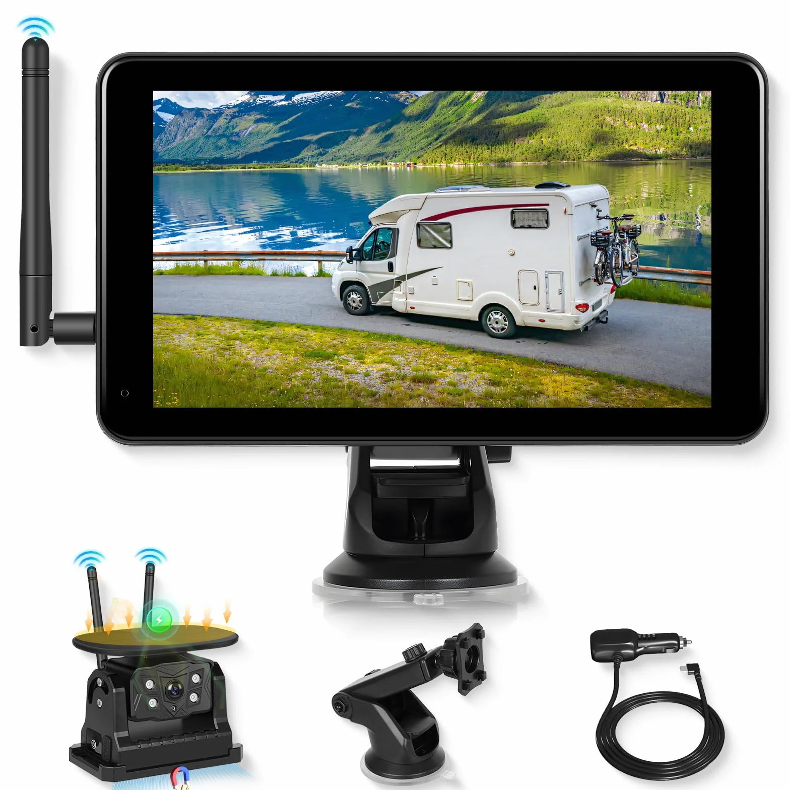 Telecamera di Retromarcia Solare Senza Fili Kit, 7 Pollici Monitor Touch Screen, 10000mAh Magnetica Tipo C Ricaricabile Telecamera Posteriore con Registrazione DVR BSD Visione Notturna Impermeabile
