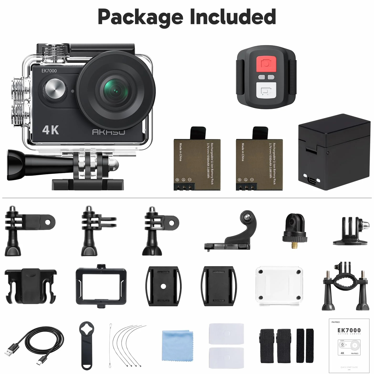 AKASO EK7000 Action Cam 4K, Fotocamera Subacquea WiFi 20MP, Impermeabile 30M, Microfono Esterno Compatibile, Telecomando, 2 Batterie 1050 mAh, Accesorios Multiples per Bicicletta Casco Sci Surf