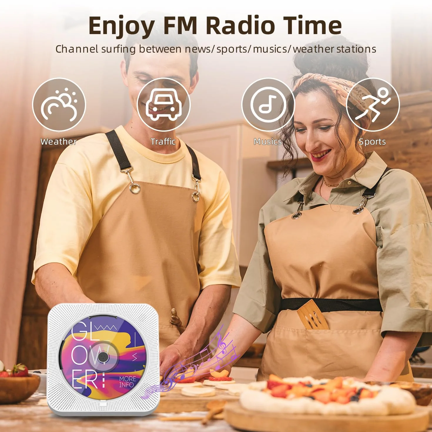 Lettore CD, lettore CD Bluetooth portatile, altoparlanti hi-fi integrati con timer, radio FM USB