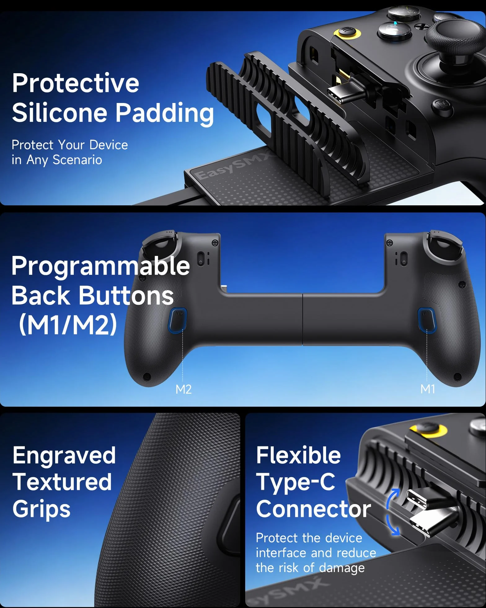 Controller mobile EasySMX M20 con USB-C per iPhone, smartphone Android e tablet 8,5", controller per smartphone con joystick a effetto Hall/grilletto a due stadi, doppi motori di presa