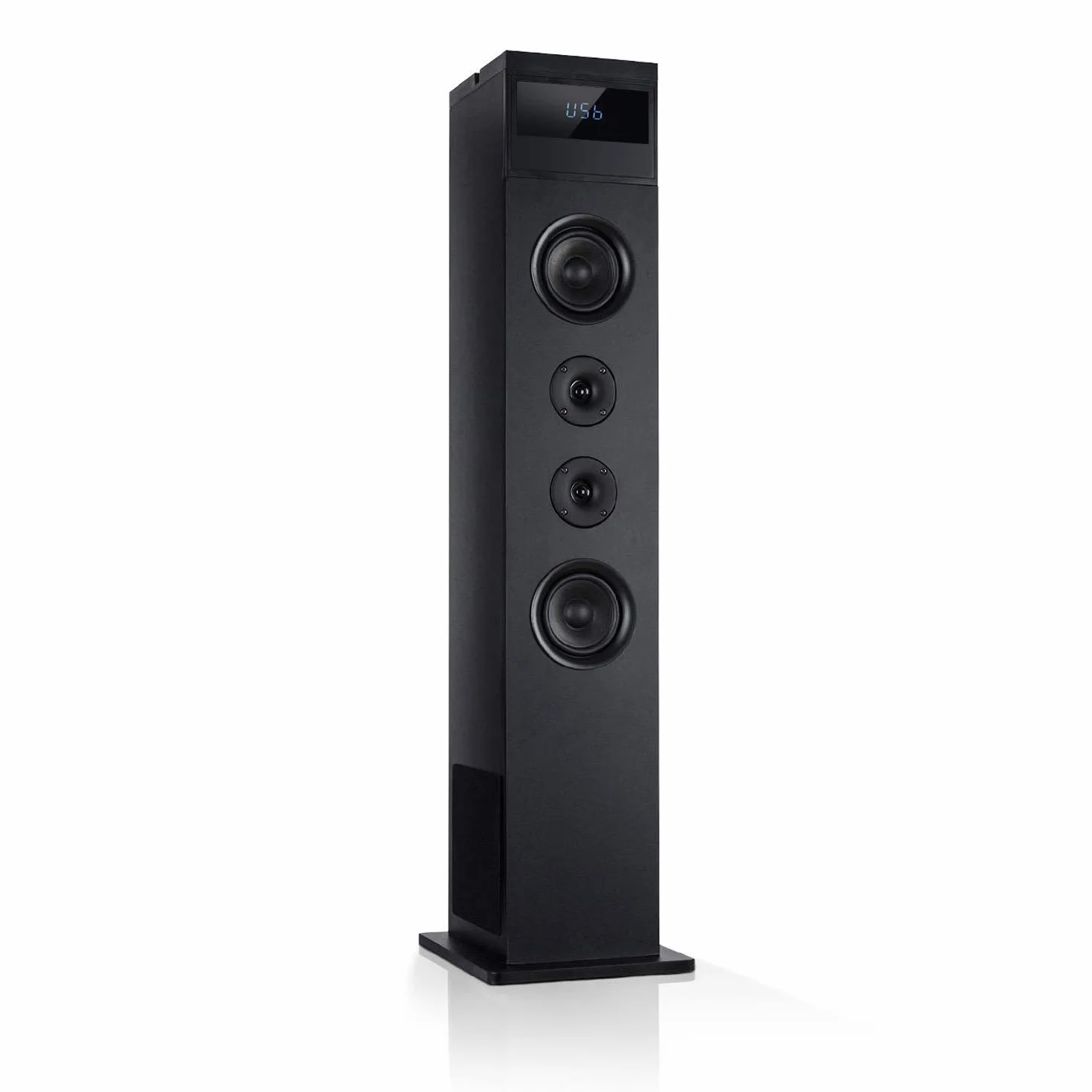 auna Karaboom 100 - Sistema di Altoparlanti 2.1, a Torre, Diffusore da Pavimento, 120 Watt max, BT, Porta USB 2 in 1, MP3, AUX-In, Supporto Tablet, Nero