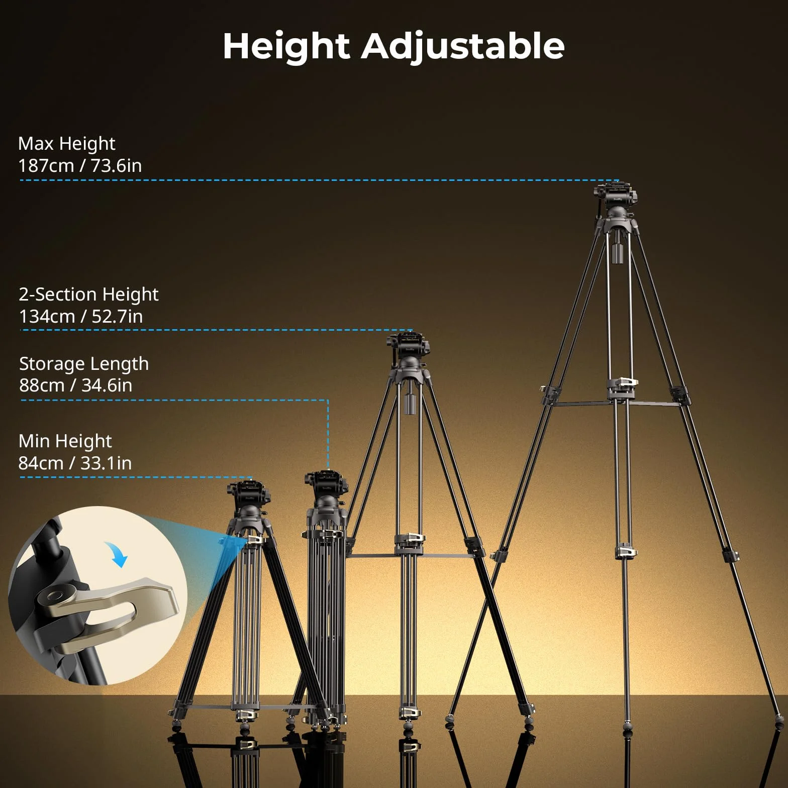 SmallRig AD-01S - Treppiede video da 74 pollici con testa del fluido di inclinazione e inclinazione, piastra a sgancio rapido in modalità doppia, carico fino a 13,2 libbre/6 kg per DSLR, videocamera