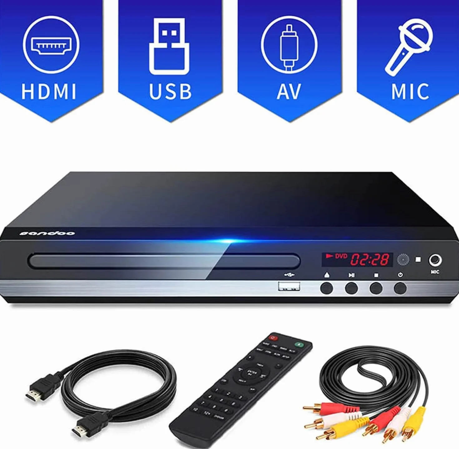Lettore DVD per TV, Lettori per TV 1080P HD con Connettività HDMI RCA e AV, Region Free Connessione, supporto ingresso scheda USB, Dolby Digital