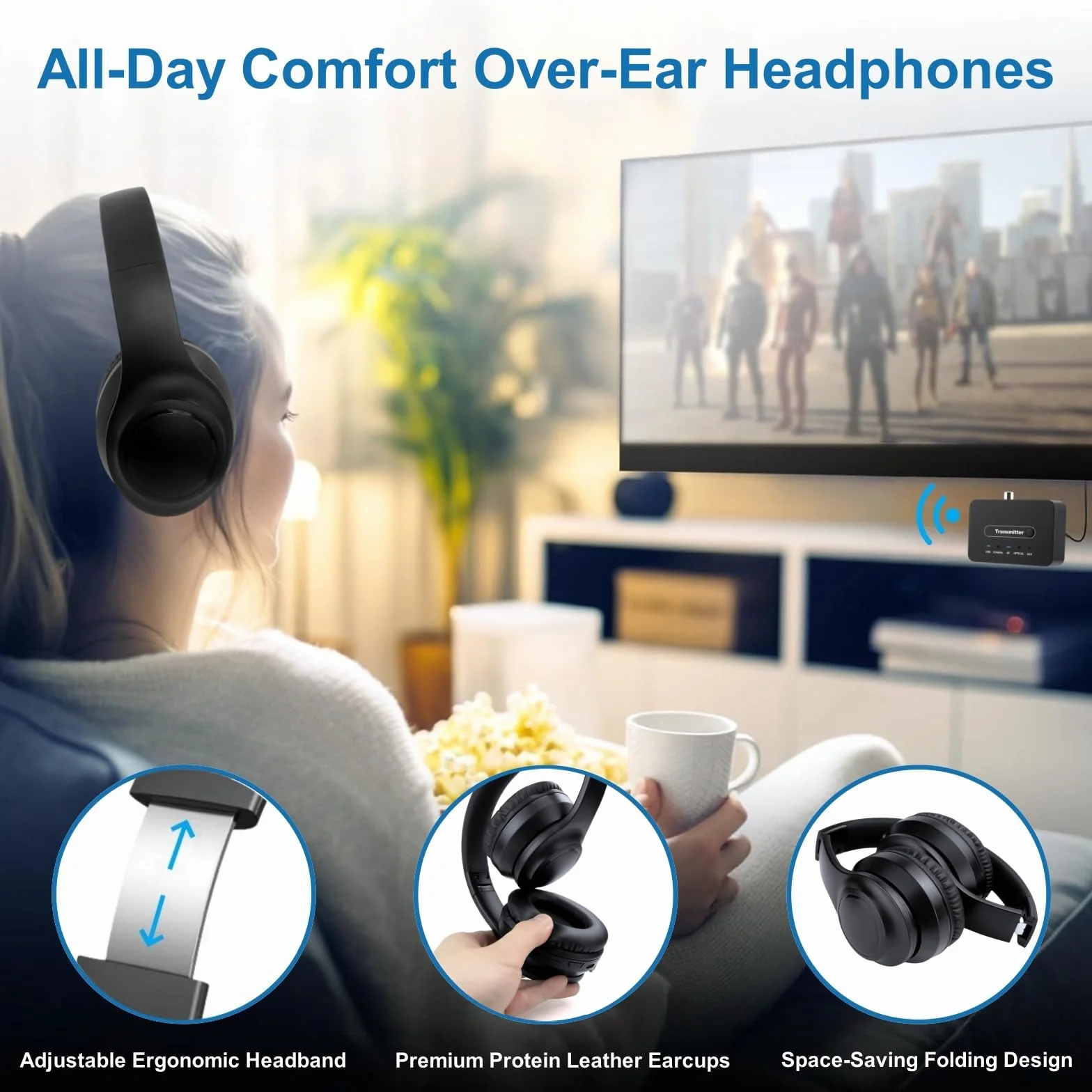 Cuffie TV Senza Fili ANC per Anziani - Riduzione Attiva del Rumore, Pieghevoli Bluetooth 5.3 Cuffie TV con Trasmettitore 5-in-1 (Ottico/Coassiale/USB/RCA/AUX), Audio Hi-Fi, 35H Autonomia