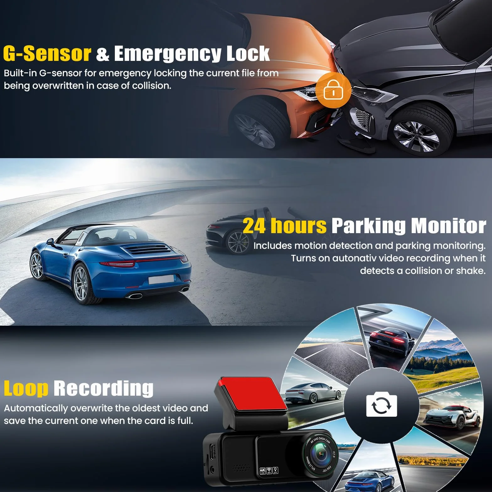Dashcam 4K Anteriore e posteriore per auto, videocamera per auto 4K+2K FHD, videocamera per auto con GPS, ADAS, APP, Grandangolo 150°, visione notturna, sensore G, registrazione in loop