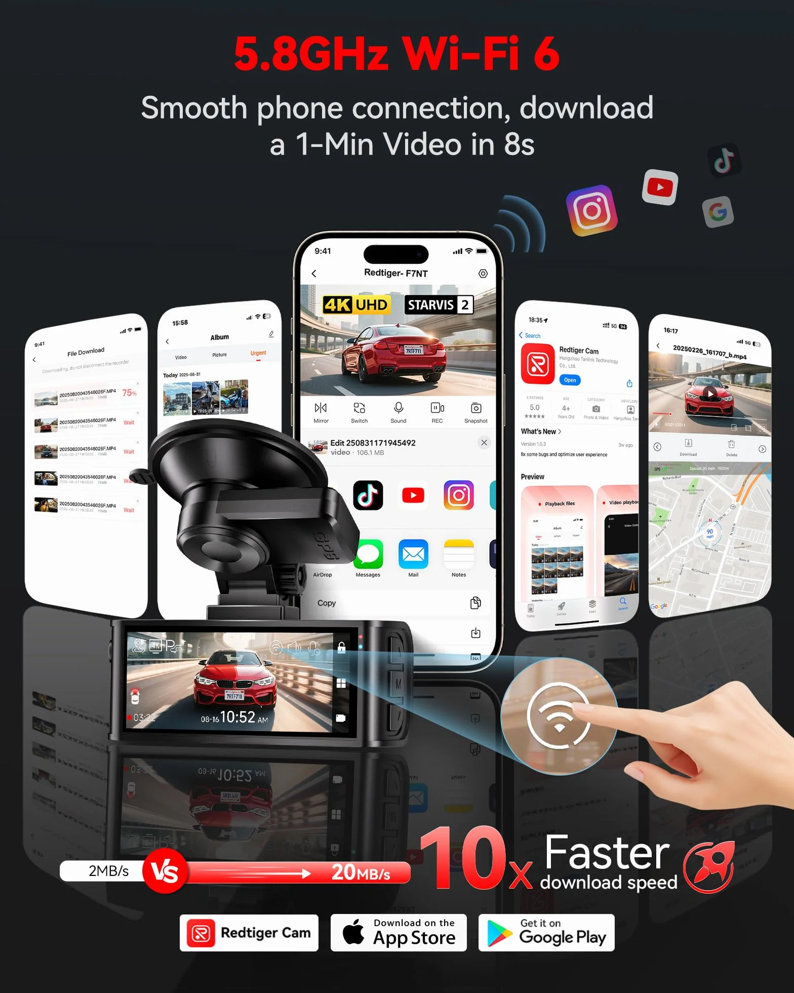 REDTIGER 4K STARVIS 2 Dash Cam Auto,Touchscreen da 3,18 Pollici,Scheda di Memoria da 128GB,GPS,5.8GHz WiFi 6,Controllo Vocale,Visione Notturna UHD,Blocco di Emergenza,Monitor di Parcheggio (F7N Touch)