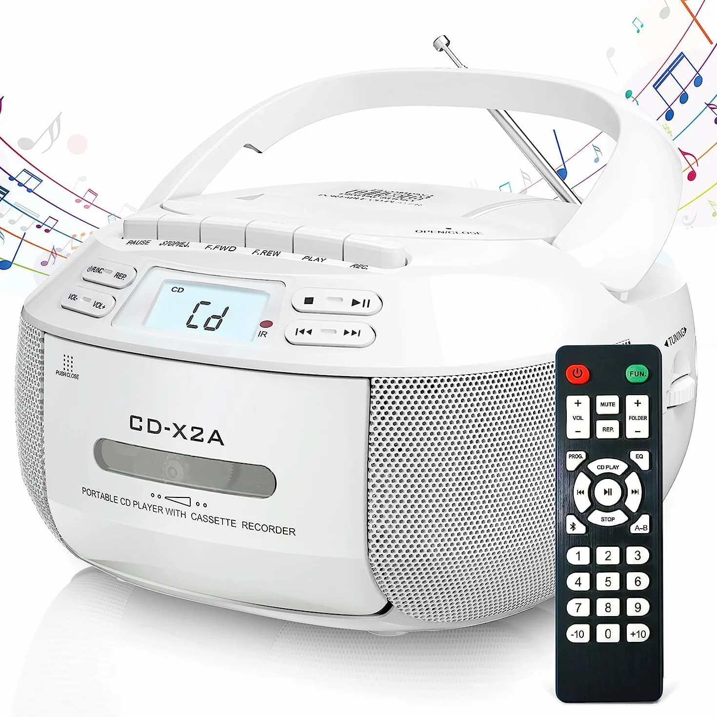 Greadio Boombox CD Player portatile, lettore a cassette con Bluetooth, radio FM con telecomando, riproduzione AUX/USB, registratore a cassette, cavo AC/batteria, schermo LCD per bambini (bianco)