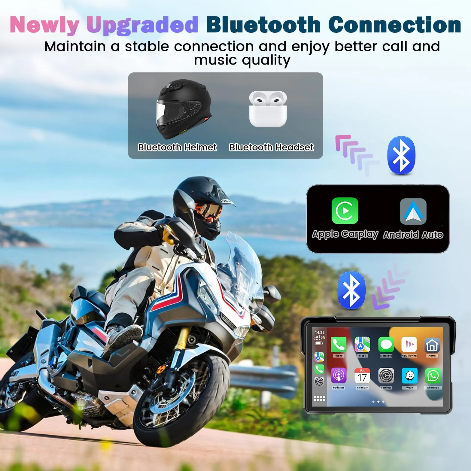 Schermo Carplay Moto 7 Pollici Portatile GPS Impermeabile Bluetooth Carplay Android Auto Supporto Magnetico