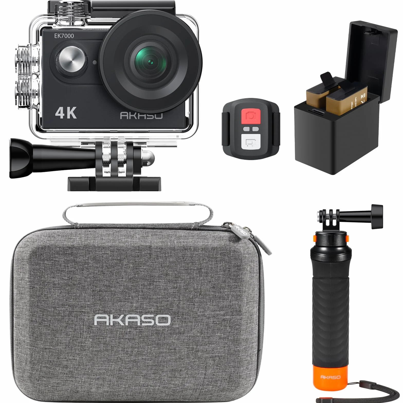 AKASO EK7000 Action Cam con Impugnatura e Custodia Protettiva, 4K30FPS Fotocamera Subacquea 20MP WiFi stabilizzazione EIS 170° Grandangolo Ultra HD con Zoom 4X e Batterie 2x1050mAh