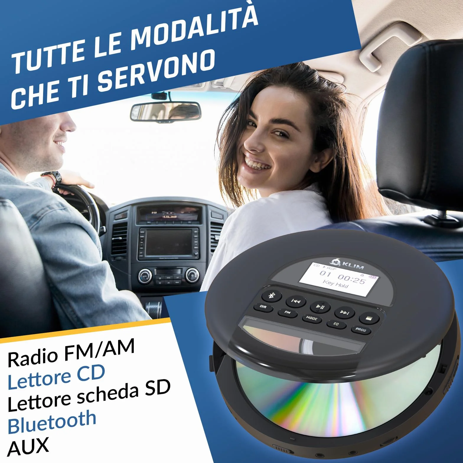 KLIM Nomad - Lettore CD Portatile - Batteria a Lunga Durata - Include Auricolari KLIM Fusion - Compatibile con CDR, CDRW, MP3 - Lettore SD, Radio FM, Bluetooth - Ideale per Auto - Hi-Fi - Argento
