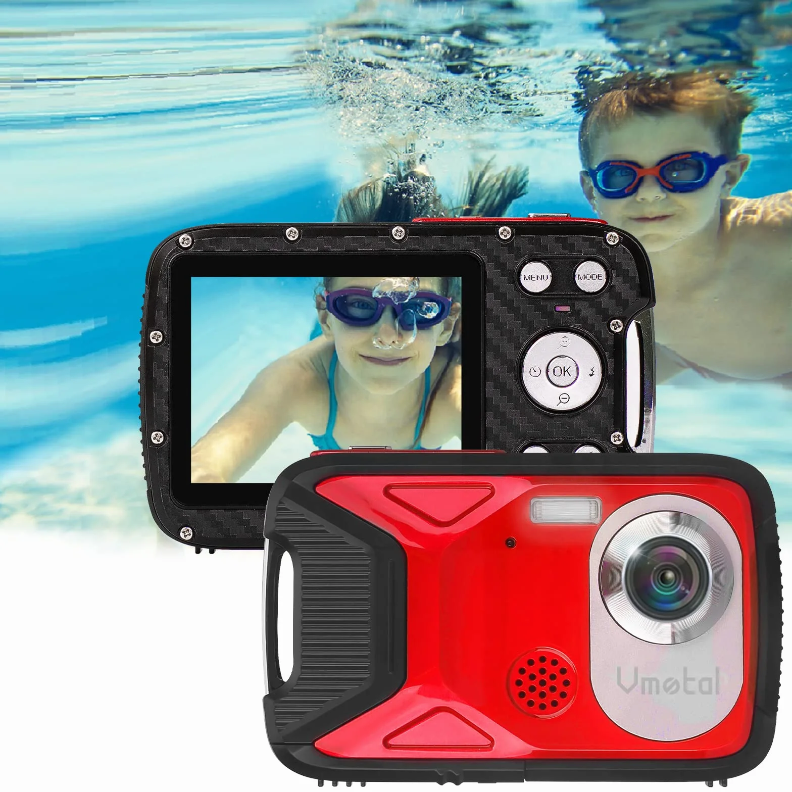GDC8026 Fotocamera digitale impermeabile/Zoom digitale 8x / 21 MP/FHD 1080P /Schermo LCD TFT da 2,8"/ Telecamera subacquea per bambini/Adolescenti/Studenti/Principianti/Anziani (Rosso)