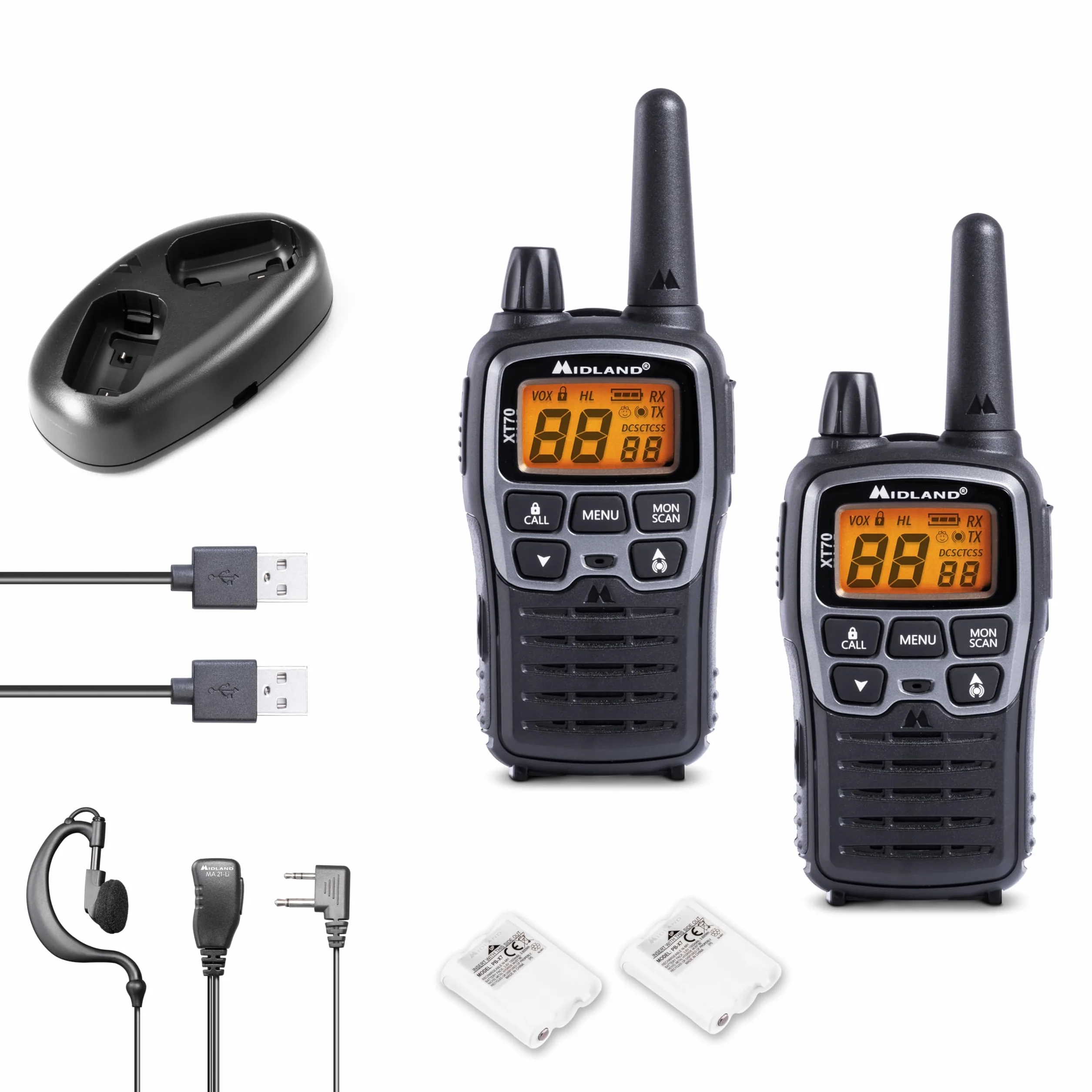 Midland - Walkie Talkie XT70, 2 Ricetrasmittenti Professionali Dual Band 93 Canali - 69 LPD/24 PMR446 Senza Licenza, Autonomia 18H, Copertura 12Km, Ricarica Rapida e Accessori, 38 toni CTCSS + 83 DCS