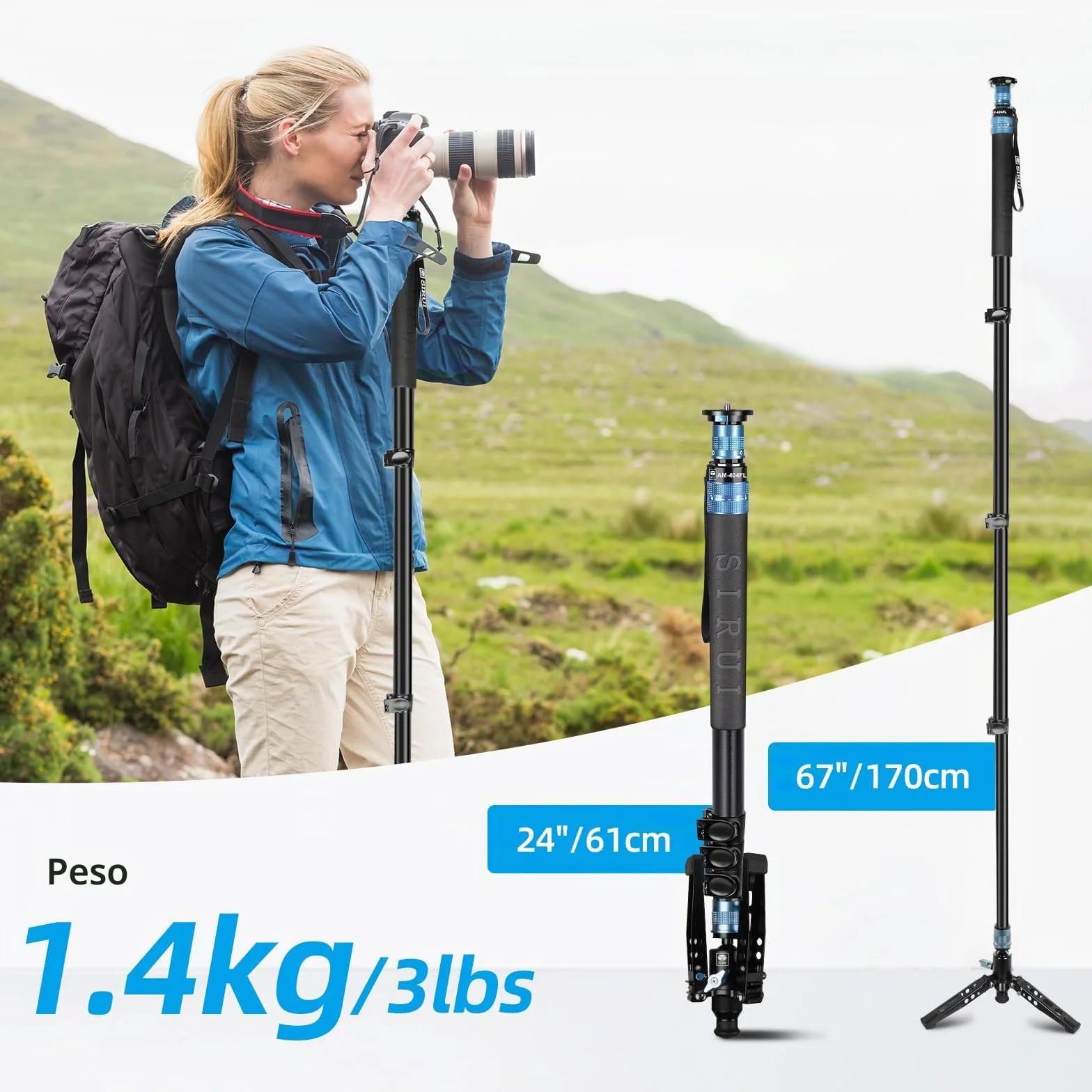 SIRUI AM-404FL Monopiede Video, 190cm Monopiede Fotografico Professionale con Base, Portatile Monopiedes da Viaggio in Alluminio a 4-Sezioni per Fotocamera Reflex, Videocamera, Carico Massimo 12KG